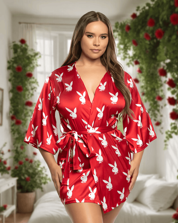 Roma Red / Queen Black Playboy Bunny Chill Bell Sleeve Robe Lounge Lingerie (Plus Size Available) PBLI196Q-RED/WHT-OS/Q Black Playboy Bunny Chill Bell Sleeve Robe Lounge Lingerie Apparel & Accessories > Clothing > Underwear & Socks > Lingerie