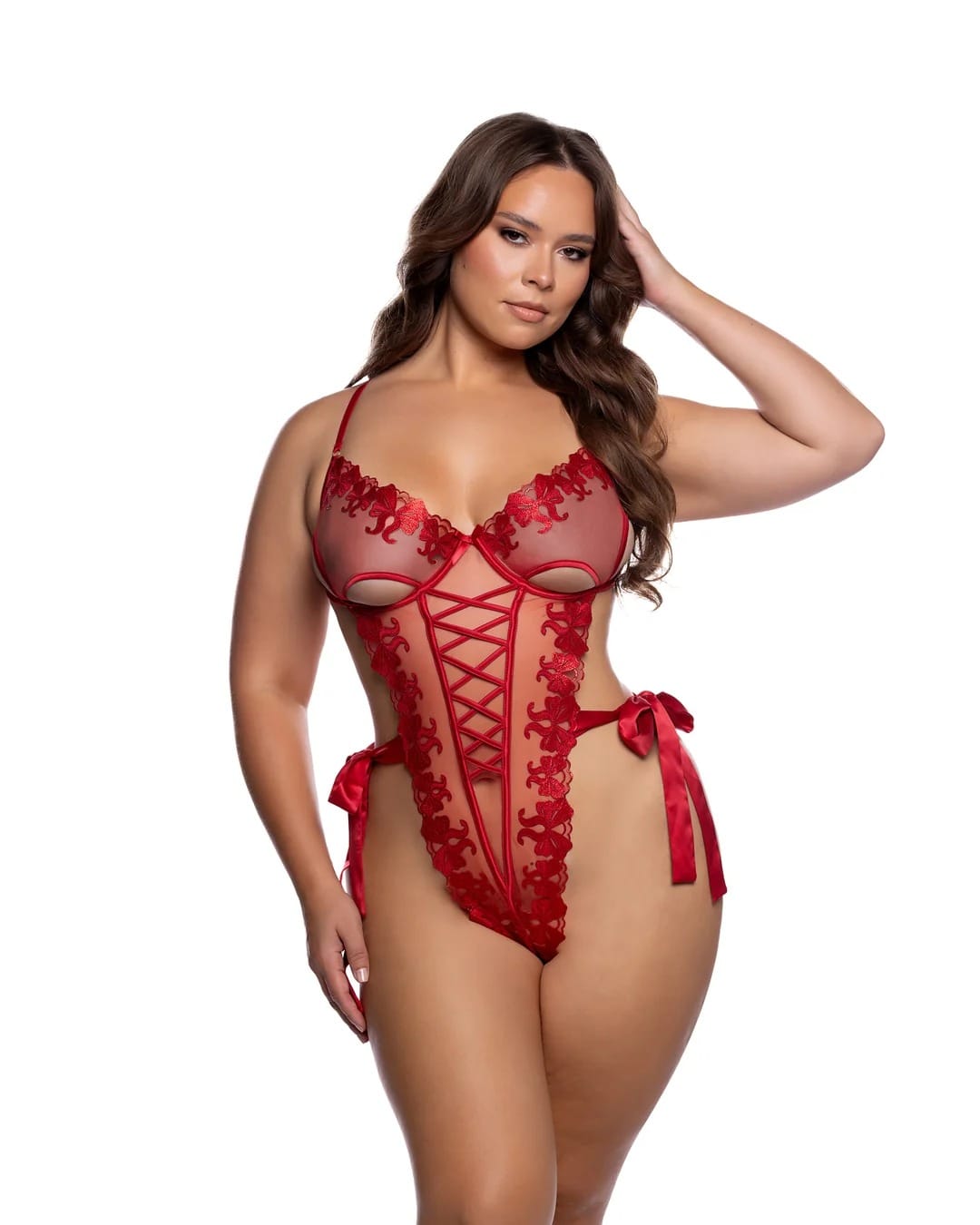 Roma Red Rouge Embroidered Metallic Satin Bow Sheer Thong Teddy Sexy Red Lace Satin Crotchless G-string Teddy Women's Lingerie Apparel & Accessories > Clothing > Underwear & Socks > Lingerie