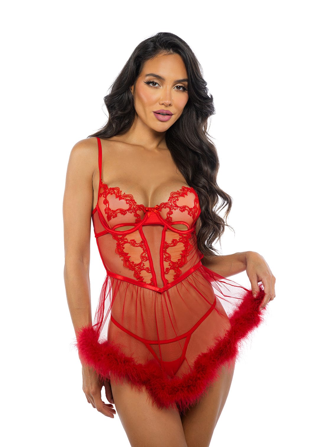 Roma Red / Small 2 Pc Plus Size Red Embroidered Lace & Satin Babydoll & Thong Panty Lingerie LI719-Red-S 2024 Sexy Red Lace & Satin Hem Babydoll & Thong Panty Lingerie Apparel & Accessories > Clothing > Underwear & Socks > Lingerie