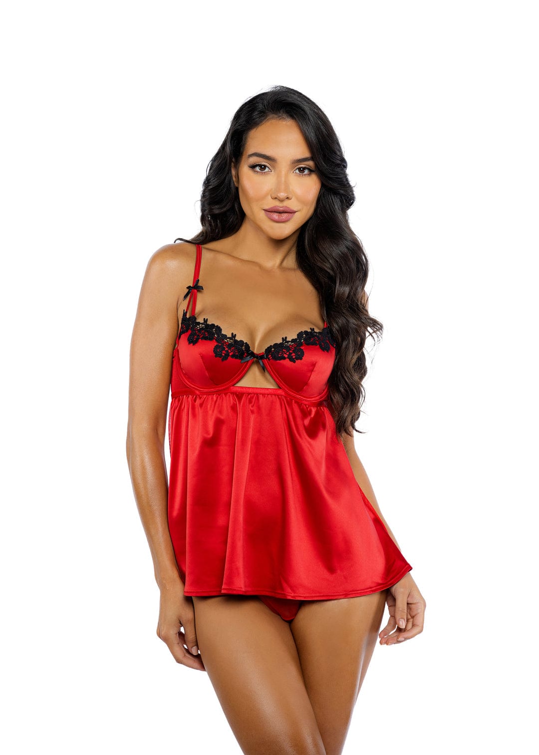 Roma Red / Small 2 Pc Plus Size Red Venise Lace Trim &amp; Stretch Satin Babydoll &amp; Thong Lingerie LI758-Red-S 2024 Sexy Red Lace Trim &amp; Satin Babydoll &amp; Thong Lingerie Apparel &amp; Accessories &gt; Clothing &gt; Underwear &amp; Socks &gt; Lingerie