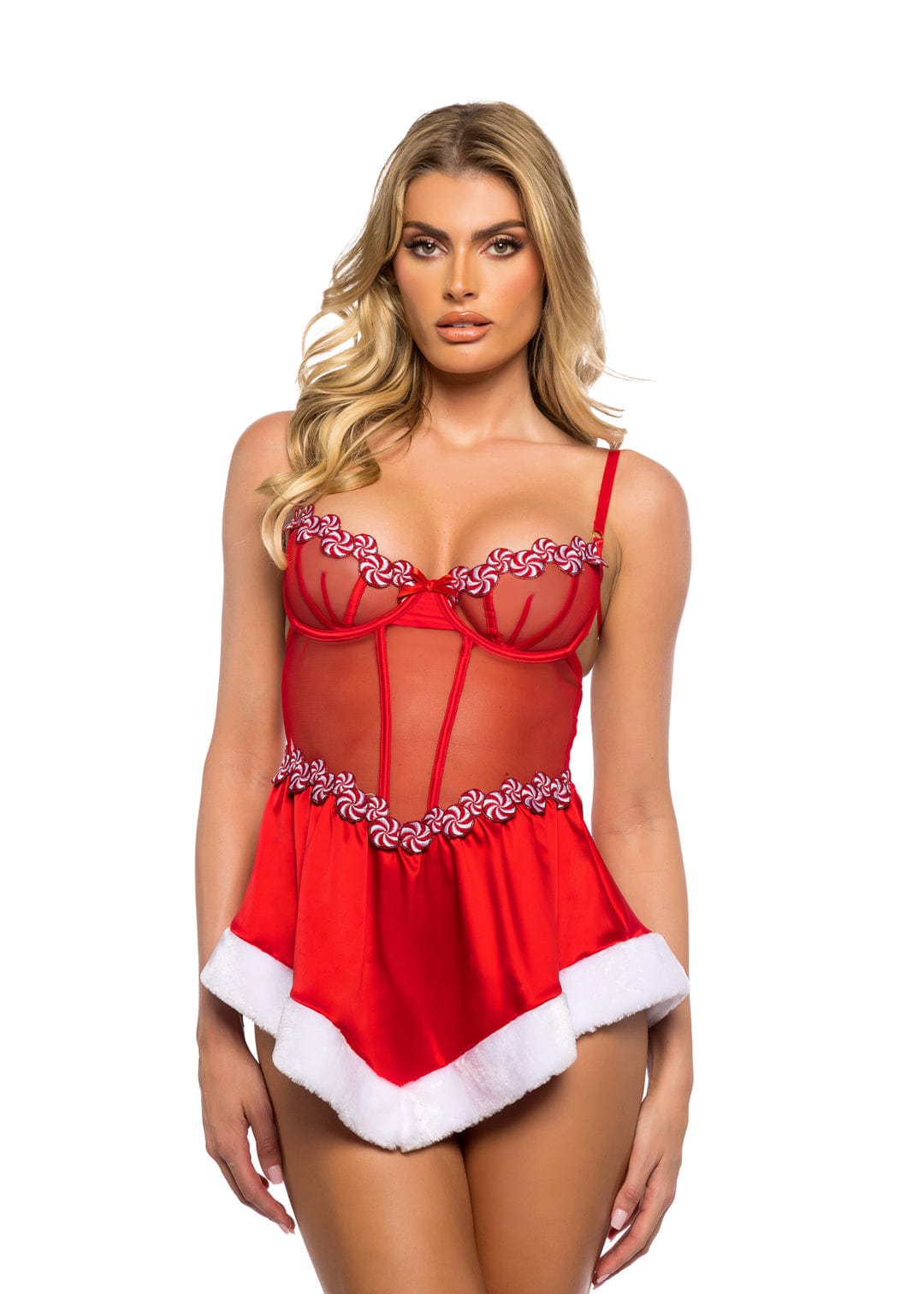 Roma Red / Small Plus Size Red Candy Trim w/ Mesh Satin Fur Skirt Babydoll Lingerie LI764-Red-S 2024 Sexy Red Candy Trim w/ Mesh Satin Fur Skirt Babydoll Lingerie Apparel &amp; Accessories &gt; Clothing &gt; Underwear &amp; Socks &gt; Lingerie