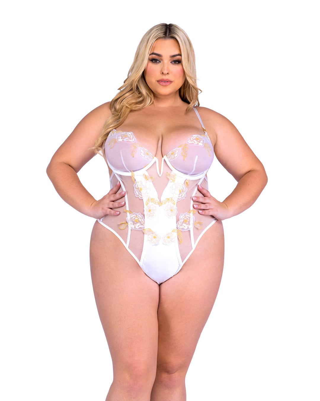 Roma White / 2X Plus Size White Peony Paradise Lace Satin Thong Teddy Lingerie LI687Q-Wht/Gold-2X Sexy White Peony Paradise Lace Satin Thong Teddy Lingerie Apparel &amp; Accessories &gt; Clothing &gt; Underwear &amp; Socks &gt; Lingerie