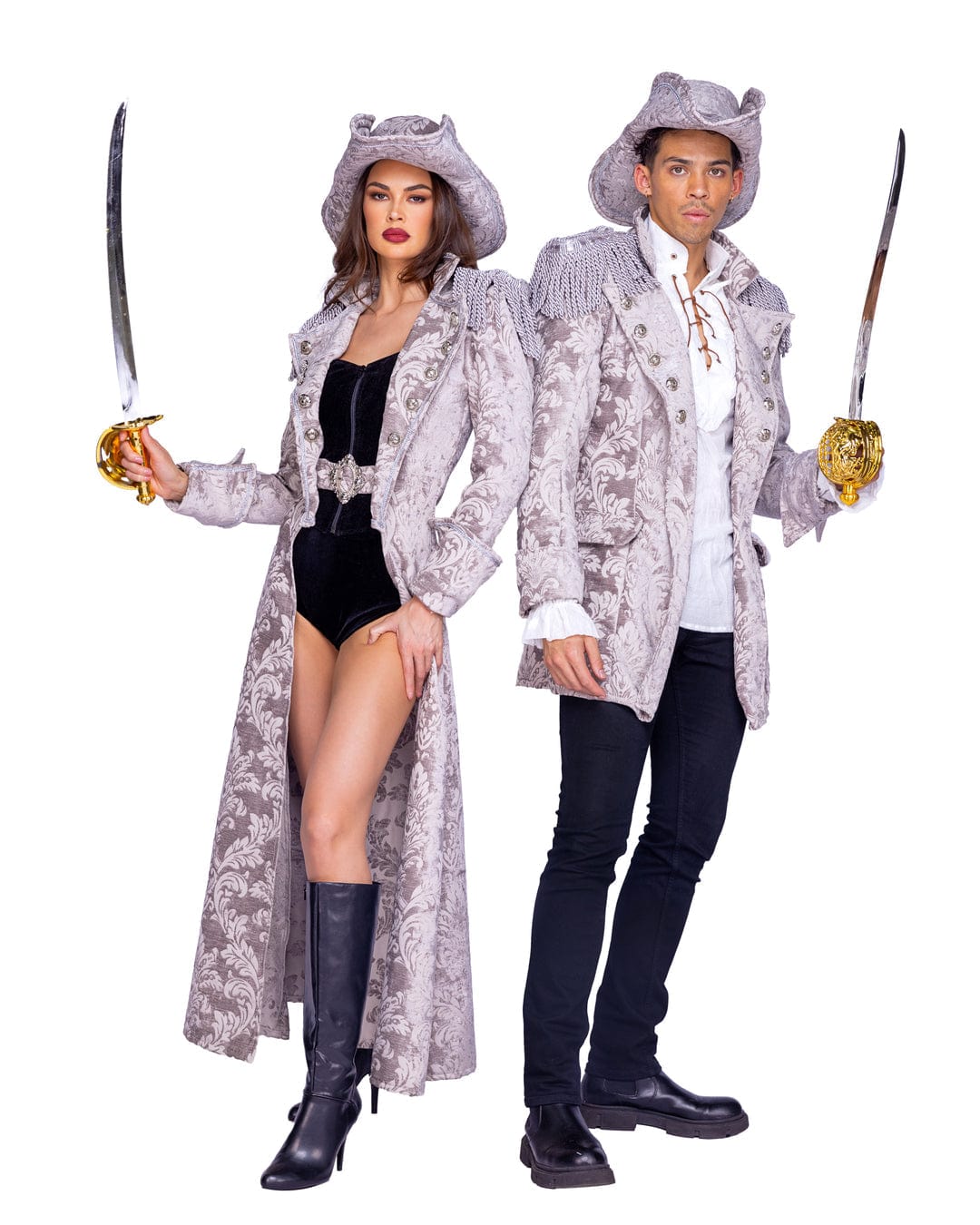 Roma Gray / Small 2 Pc Deluxe Pirate King Halloween Cosplay Costume 6387-Grey/Blk-S 2024 Men's Deluxe Pirate King Halloween Cosplay Costume Apparel & Accessories > Costumes & Accessories