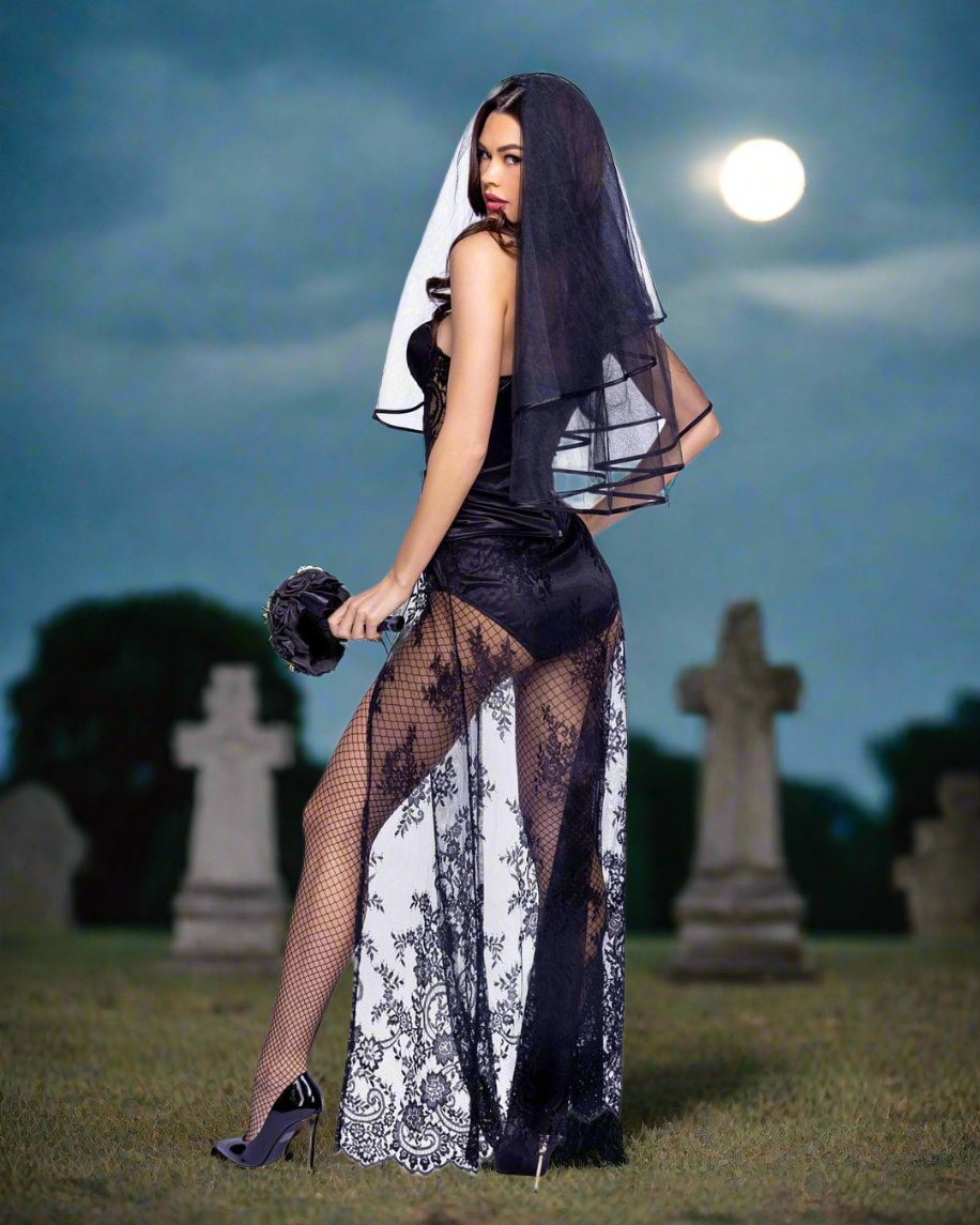 Roma 3 Pc Black Graveyard Bride Halloween Cosplay Costume 2024 Sexy Black Graveyard Bride Halloween Cosplay Costume Apparel &amp; Accessories &gt; Costumes &amp; Accessories