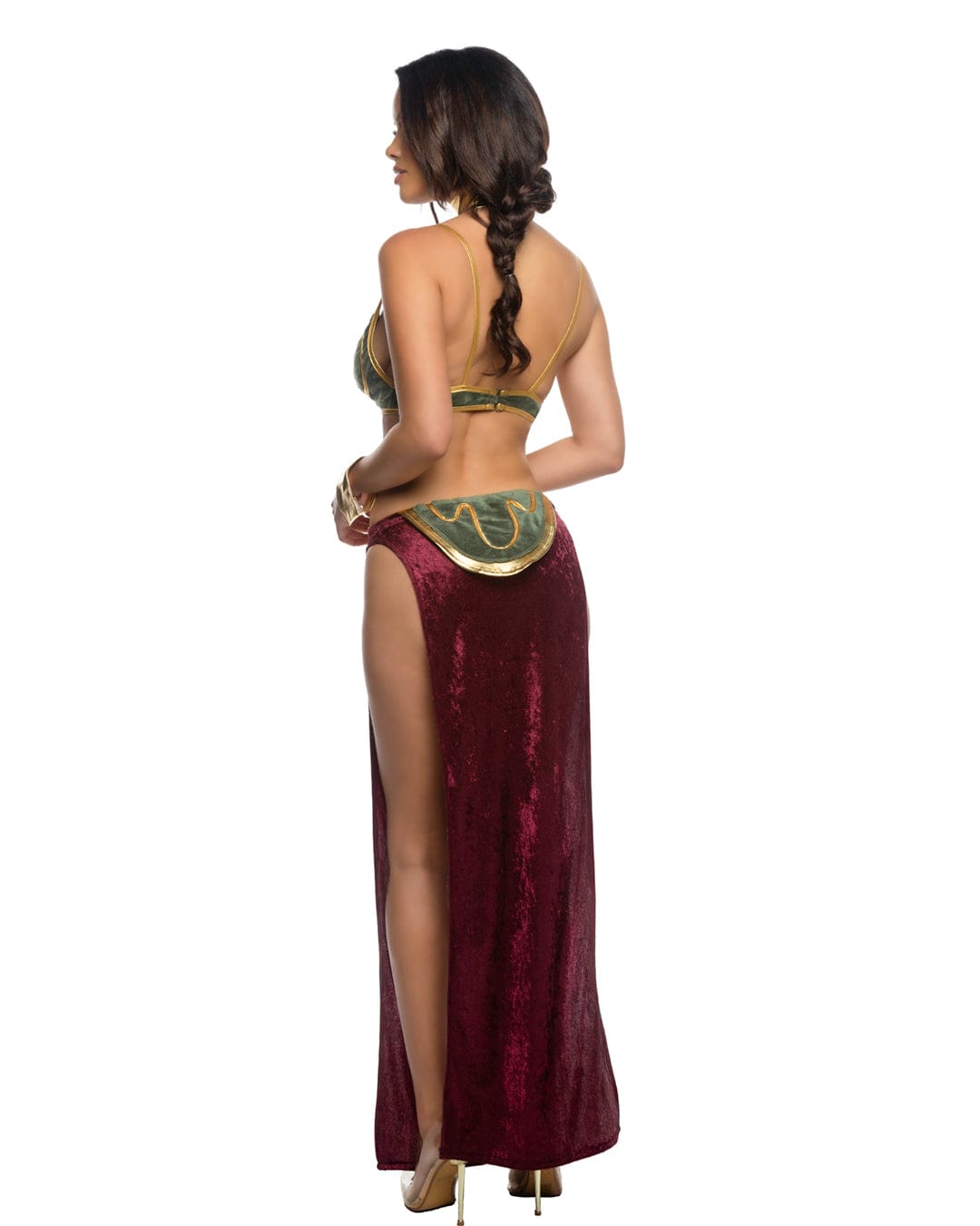 Roma Multi Colored / Small 3 Pc Galaxy Princess Velvet Bralette, Collar w/ Chain Cuffs & High Slits Long Skirt Cosplay Costume 6563-Green/Burg-S Velvet Bralette, Collar w/ Cuffs & Long Skirt Cosplay Costume Apparel & Accessories > Costumes & Accessories