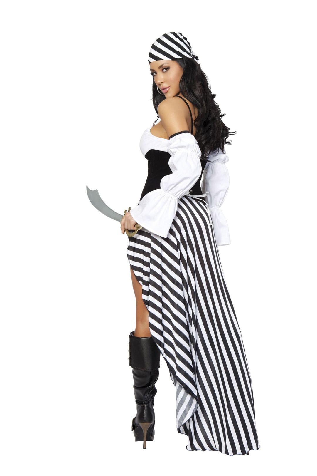 Roma Multi Colored / Small 6 Pc Black & White Pirate Lass Halloween Cosplay Costume 4244-AS-S Stripe Skirt, Cincher, Brooch, Croptop, Headpiece & Sword Apparel & Accessories > Costumes & Accessories