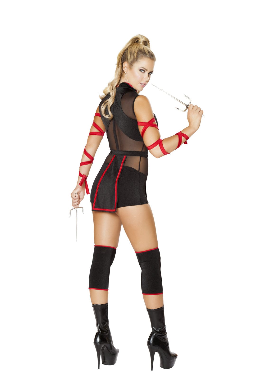 Roma Black Ninja Striker Sheer Mesh Cutout Romper, Flaps &amp; Red Arm Straps Cosplay Costume Black Mesh Cutout Romper, Flaps &amp; Arm Straps Cosplay Costume Apparel &amp; Accessories &gt; Costumes &amp; Accessories