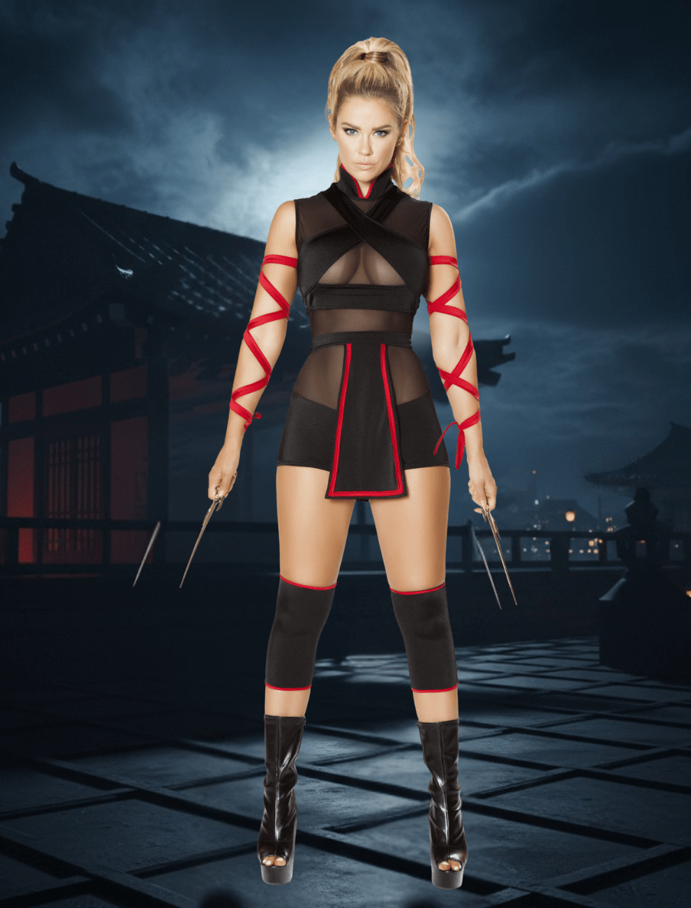 Roma Black Ninja Striker Sheer Mesh Cutout Romper, Flaps & Red Arm Straps Cosplay Costume Black Mesh Cutout Romper, Flaps & Arm Straps Cosplay Costume Apparel & Accessories > Costumes & Accessories