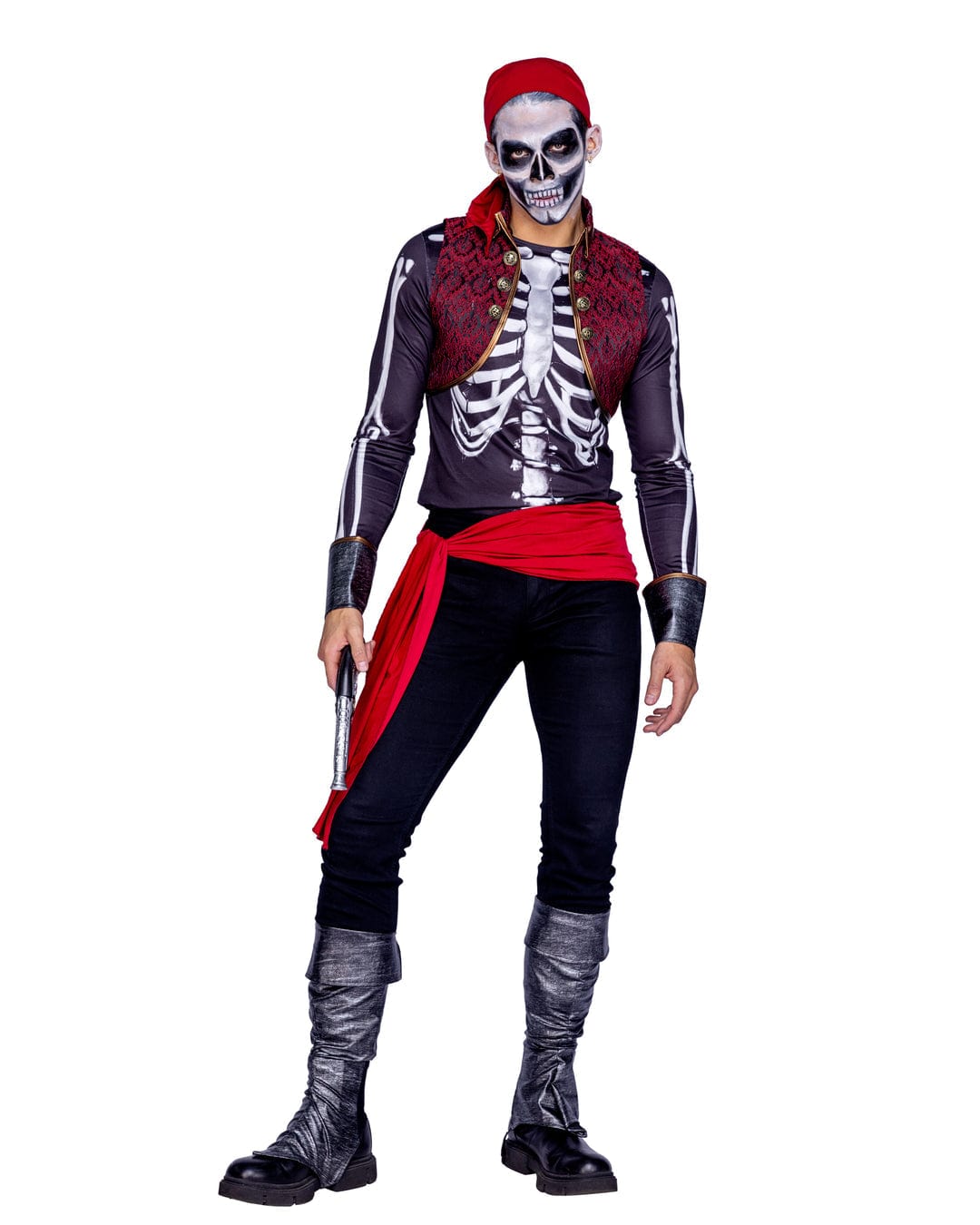 Roma Black / Small 4 Pc Men&#39;s Pirates Curse Halloween Cosplay Costume 6381-BWR-S 2024 Men&#39;s Pirates Curse Skeleton Halloween Cosplay Costume Apparel &amp; Accessories &gt; Costumes &amp; Accessories