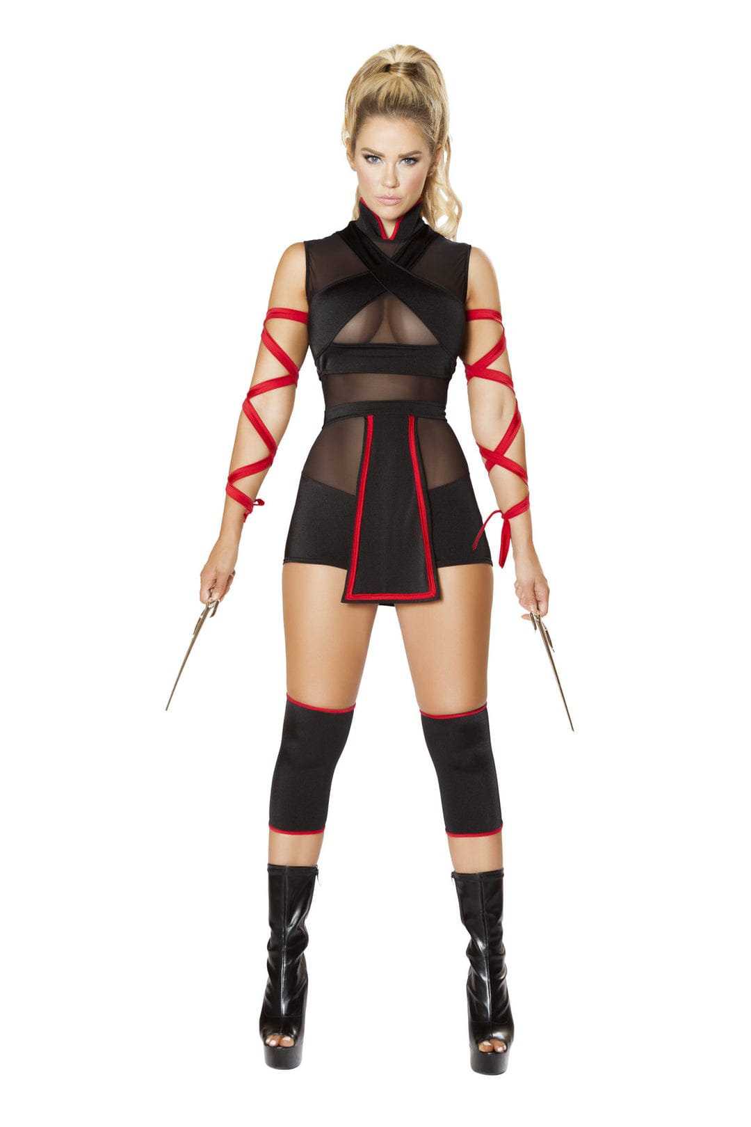 Roma Black / Small Black Ninja Striker Sheer Mesh Cutout Romper, Flaps &amp; Red Arm Straps Cosplay Costume 4677-AS-S Black Mesh Cutout Romper, Flaps &amp; Arm Straps Cosplay Costume Apparel &amp; Accessories &gt; Costumes &amp; Accessories