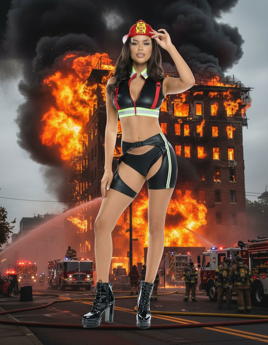 Roma Black / Small Sexy Black Fire Woman Faux Leather Croptop, Chaps, Shorts & Hard Hat Halloween Cosplay Costume 6594-Blk-S Sexy Black Fierce Firefighter Woman Halloween Cosplay Costume Apparel & Accessories > Costumes & Accessories