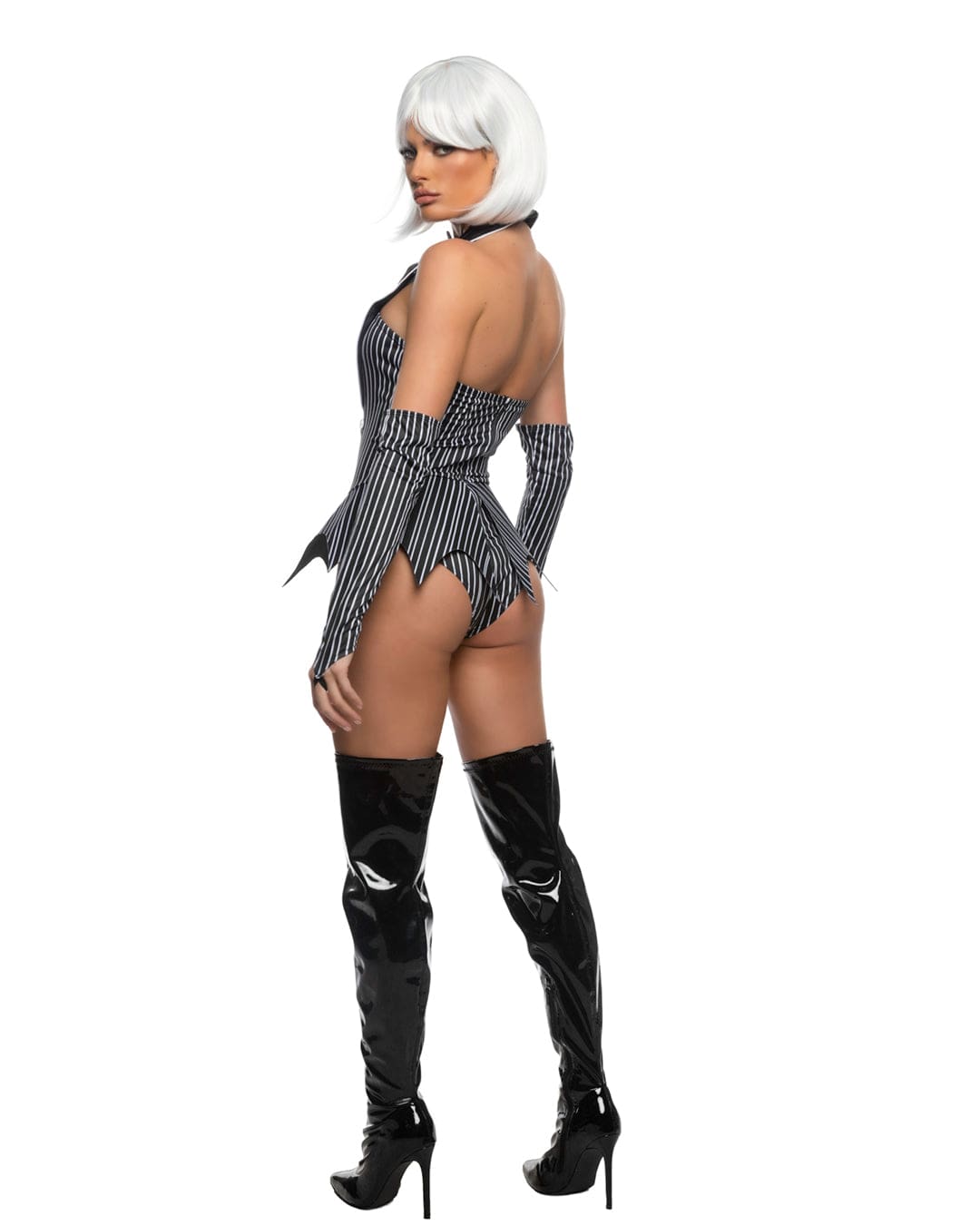 Roma Multi Colored / Small Black & White Town Babe Knit Peplum Romper, Gloves & Skull Bowtie Halloween Cosplay Costume 6551-Blk/Wht-S Black & White Peplum Romper, Gloves & Bowtie Cosplay Costume Apparel & Accessories > Costumes & Accessories