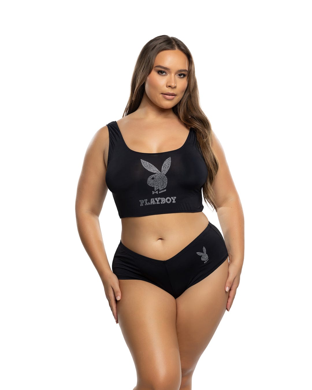 Roma Black / 1/2X Black Playboy Bunny Rhinestone Crop Tank Top & Mid Rise Cheeky Panty Loungewear (Plus Size Available) PBLI200Q-BLK-1X/2X Black Playboy Bunny Crop Tank Top & Cheeky Panty Loungewear Apparel & Accessories > Costumes & Accessories > Costumes