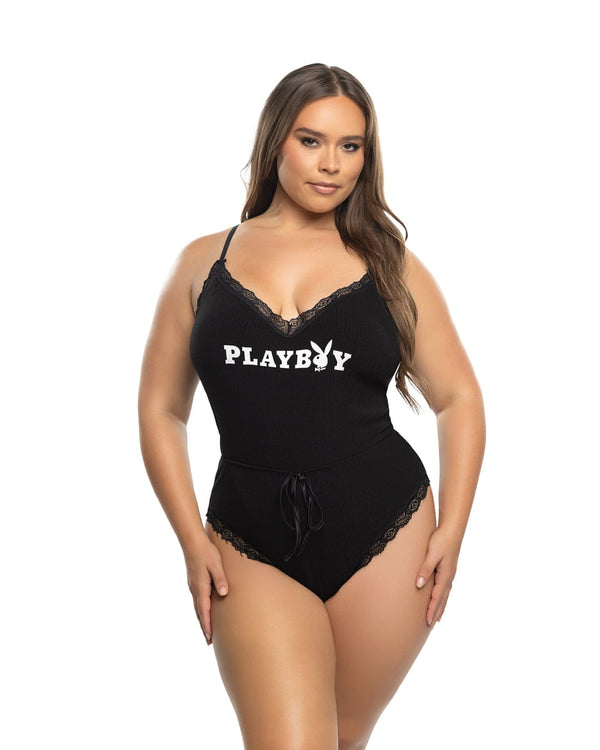 Roma Black / 1X/2X Black Playboy Bunny Comfy Modal Knit Lace Cheeky Romper Lounge Lingerie (Plus Size Available) PBLI203Q-BLK-1X/2X Black Playboy Bunny Knit Lace Cheeky Romper Lounge Lingerie Apparel & Accessories > Costumes & Accessories > Costumes
