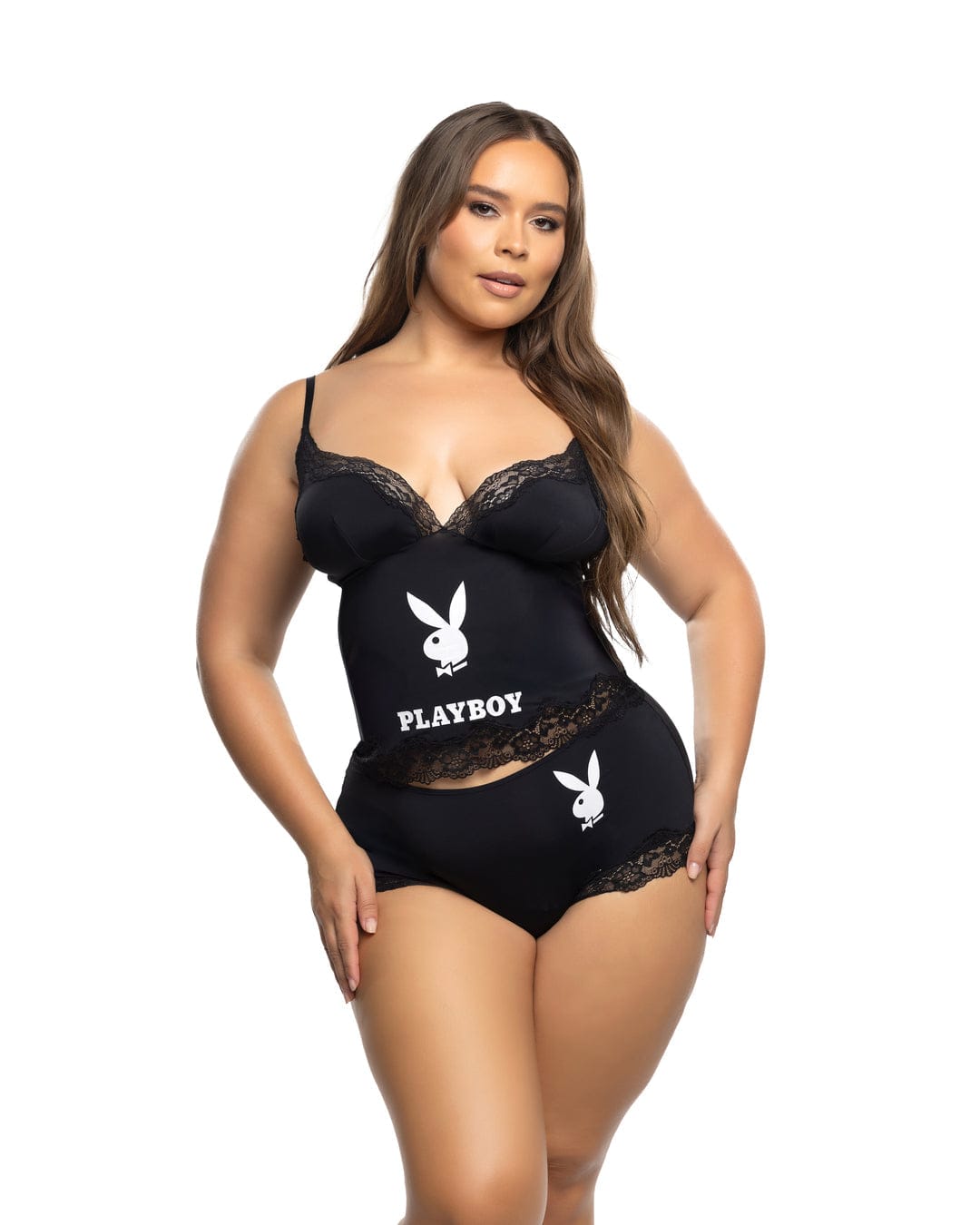 Roma Black / 1X/2X Black Playboy Bunny Knit Lace Halter Cami Top & Cheeky Panty Short Lounge Lingerie PBLI199Q-BLK/WHT-1X/2X Black Playboy Bunny Knit Lace Halter & Cheeky Panty Lingerie Apparel & Accessories > Costumes & Accessories > Costumes