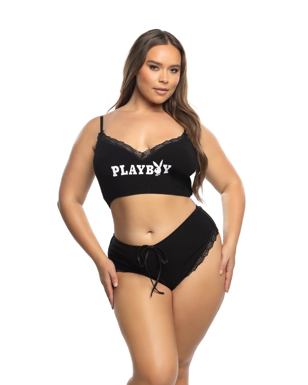 Roma Black / 1X/2X Gray Playboy Bunny Comfy Modal Knit Lace Cami Top & Cheeky Panty Lounge Lingerie (Plus Size Available) PBLI202Q-BLK-1X/2X Gray Playboy Bunny Knit Lace Cami Top & Cheeky Panty Lingerie Apparel & Accessories > Costumes & Accessories > Costumes