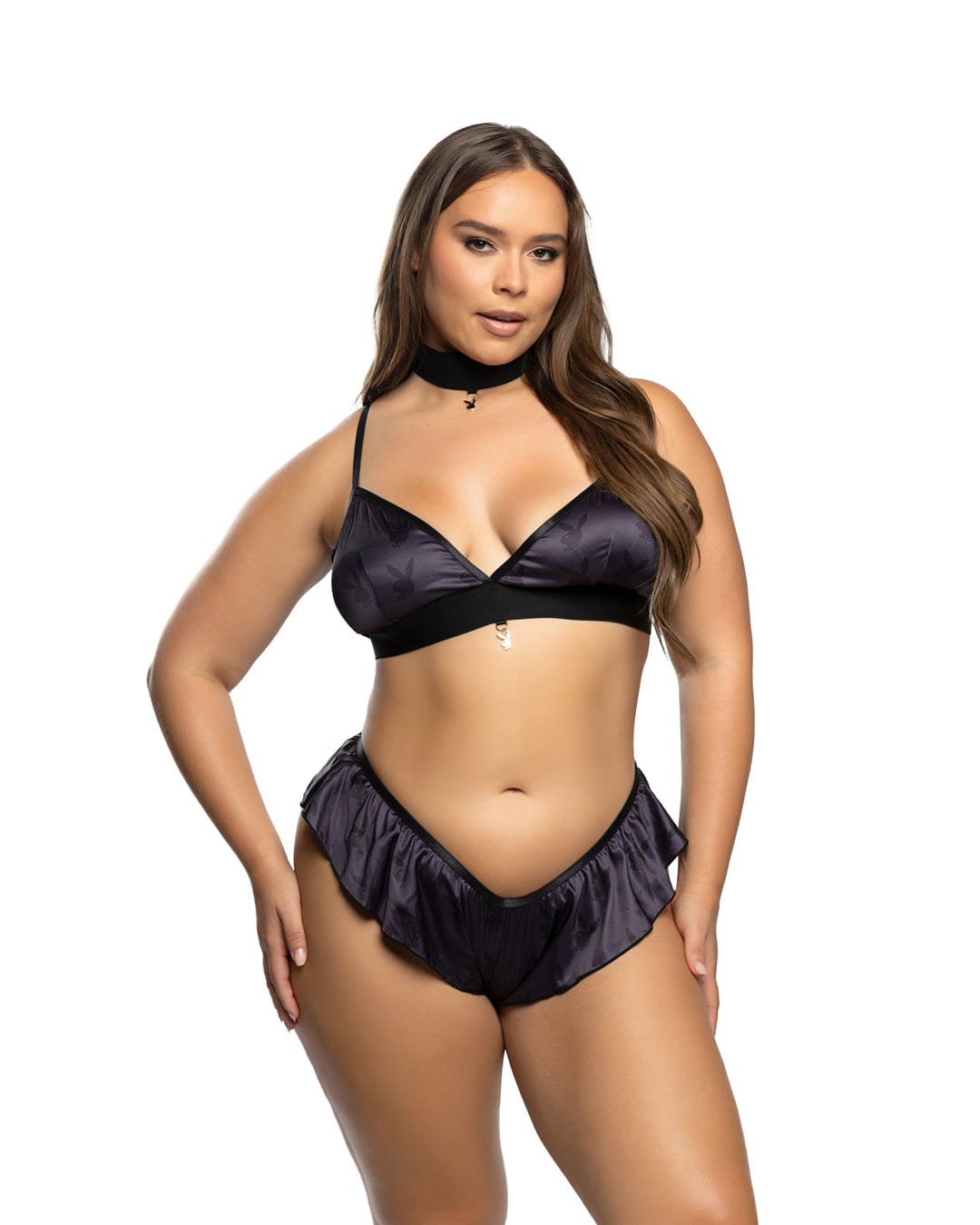 Roma Black / 1X Black Playboy Bunny Blackout Satin Triangle Bra & Flare Thong Panty Short Loungewear (Plus Size Available) PBLI182Q-BLK-1X Black Playboy Bunny Satin Triangle Bra & Flare Thong Short Apparel & Accessories > Costumes & Accessories > Costumes