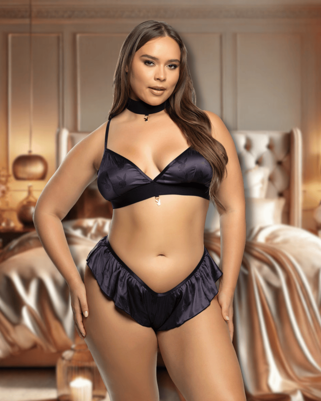 Roma Black / 1X Black Playboy Bunny Blackout Satin Triangle Bra & Flare Thong Panty Short Loungewear (Plus Size Available) PBLI182Q-BLK-1X Black Playboy Bunny Satin Triangle Bra & Flare Thong Short Apparel & Accessories > Costumes & Accessories > Costumes