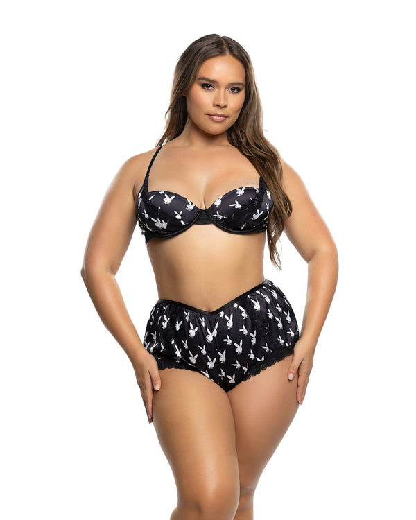Roma Black / 1X Black Playboy Bunny Satin Floral Lace Underwire Balconette Bra & Cheeky Short Lounge Lingerie PBLI197Q-BLK/WHT-1X Black Playboy Bunny Satin Lace Balconette Bra Cheeky Lingerie Apparel & Accessories > Costumes & Accessories > Costumes