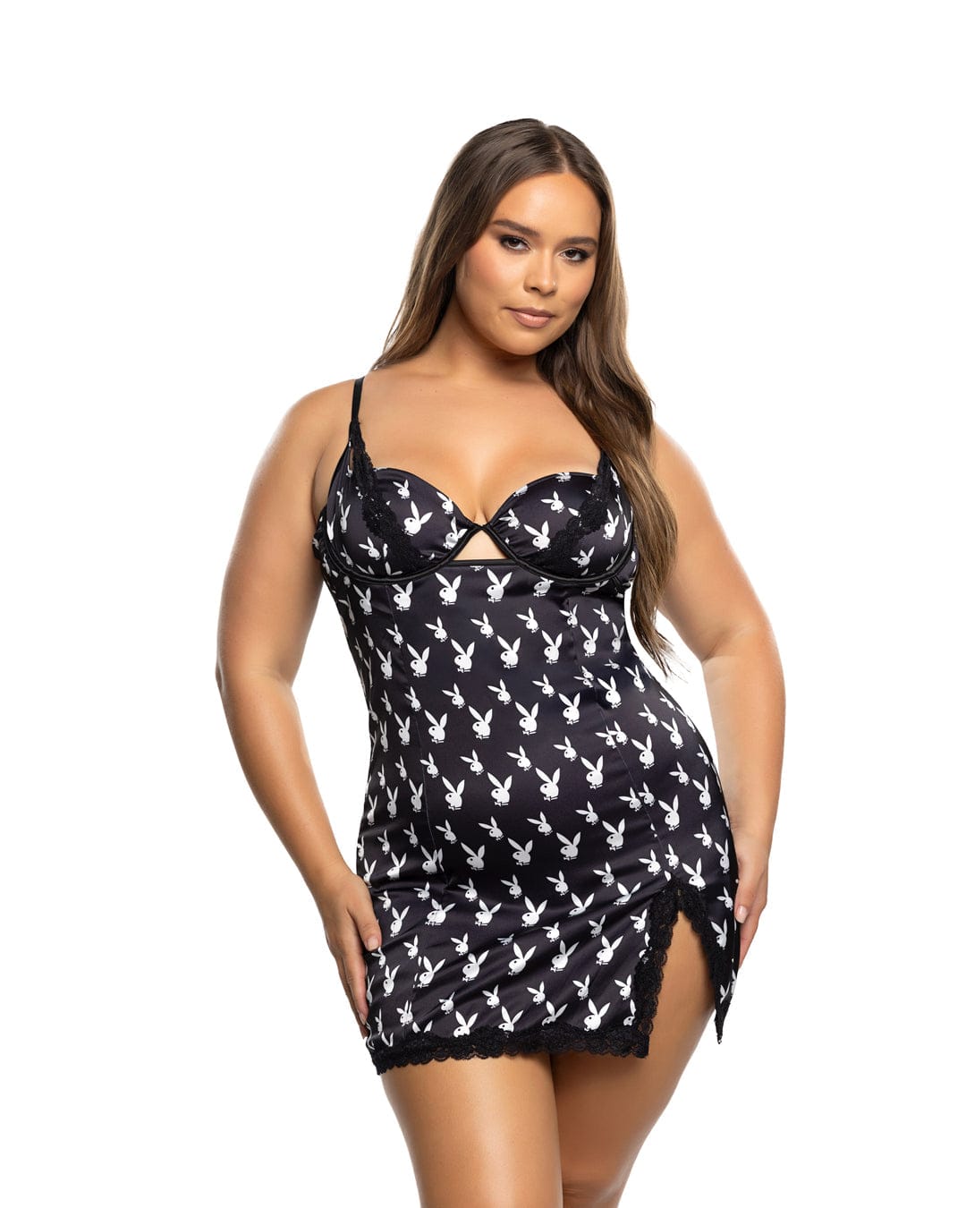 Roma Black / 1X Black Playboy Bunny Satin Floral Lace Underwire Balconette Chemise Babydoll Lounge Lingerie PBLI197Q-BLK/WHT-1X Black Playboy Bunny Satin Lace Balconette Babydoll Lingerie Apparel & Accessories > Costumes & Accessories > Costumes
