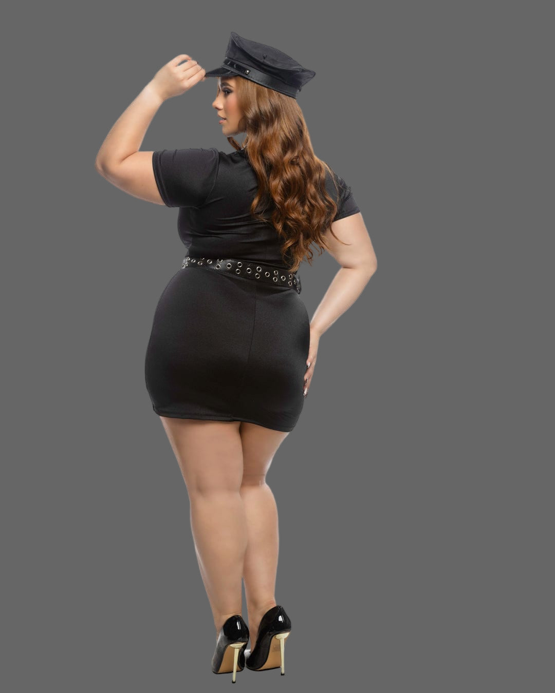 Roma Black / XXL Black Flirty Officer Deep Plunge Knit Dress, Belt, Handcuffs & Hat Cosplay Costume 6587-Blk-XXL 5 Pc Black Flirty Officer Halloween Women's Cosplay Costume  Apparel & Accessories > Costumes & Accessories > Costumes