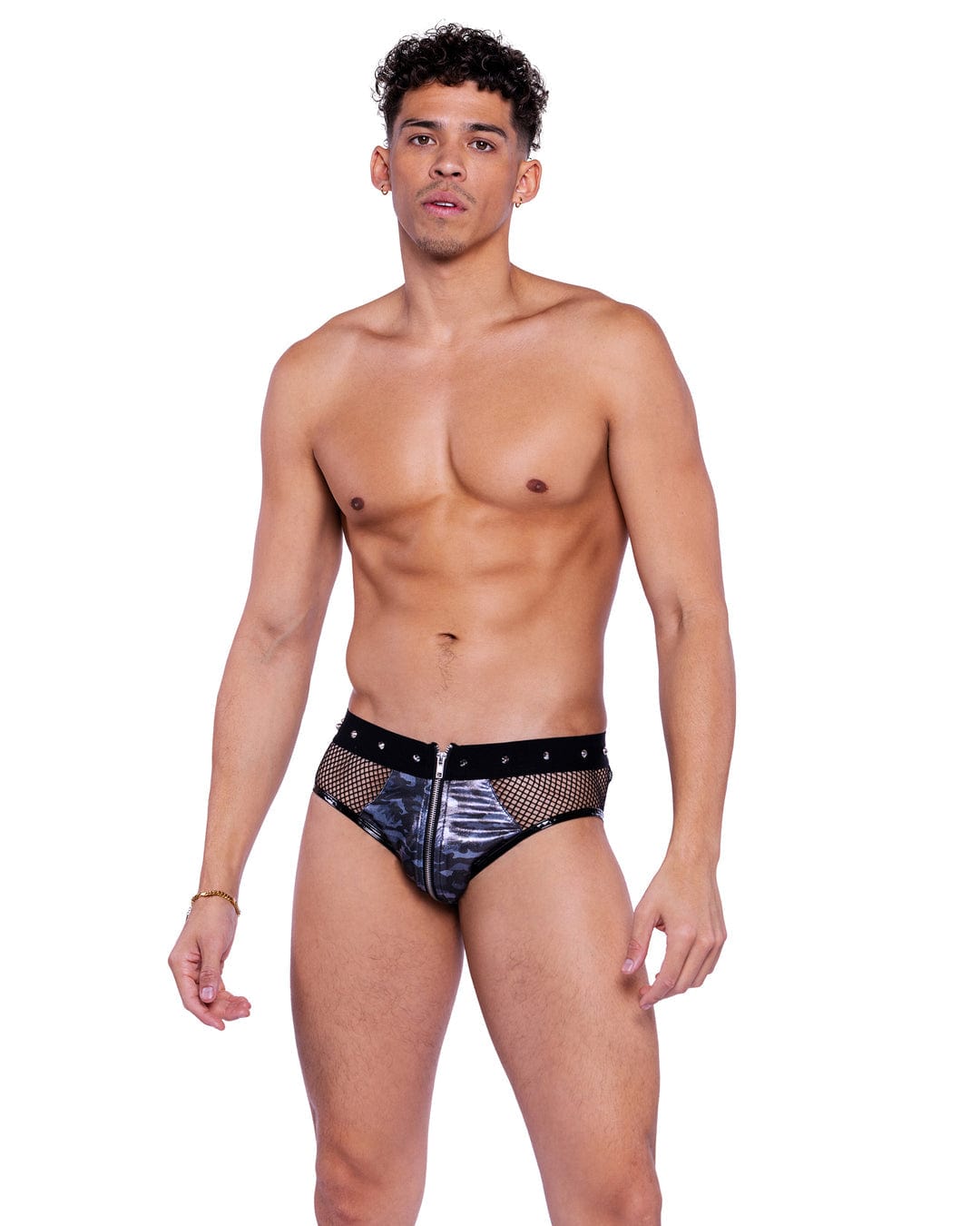 Roma Black/Grey / S Sexy Men's Shimmer Camouflauge & Fishnet Zip-up Briefs 6528-Blk/Grey-S 2024 Sexy Men's Rainbow Reflective Cropped Top Rave Wear Apparel & Accessories > Costumes & Accessories > Costumes