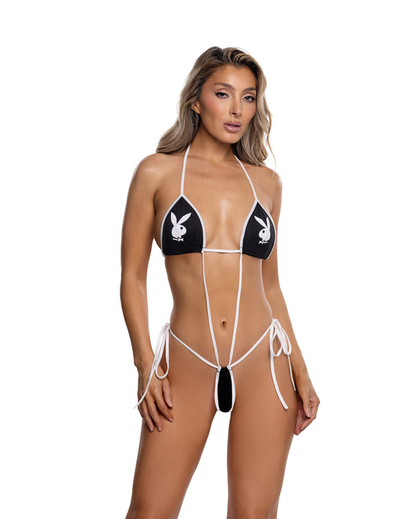Roma Black / One Size Red & White Playboy Bunny Mirror Dueling Sling Tie Side G-String Thong Teddy PBLI207-BLK/WHT-OS Red White Playboy Bunny Sling Tie Side G-String Thong Teddy Apparel & Accessories > Costumes & Accessories > Costumes