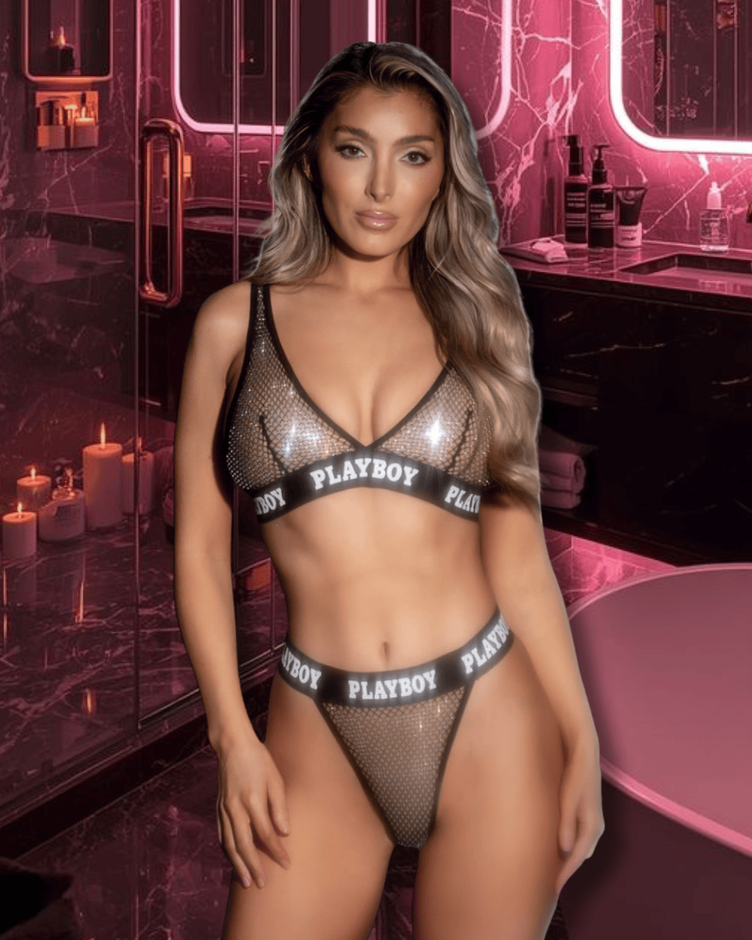 Roma Black / S/M Red Playboy Bunny Galaxy Rhinestone Fishnet Halter Top & Thong Bottom Lingerie PBLI185-BLK/SLVR-S/M Red Playboy Bunny Fishnet Halter Top & Thong Bottom Lingerie Apparel & Accessories > Costumes & Accessories > Costumes