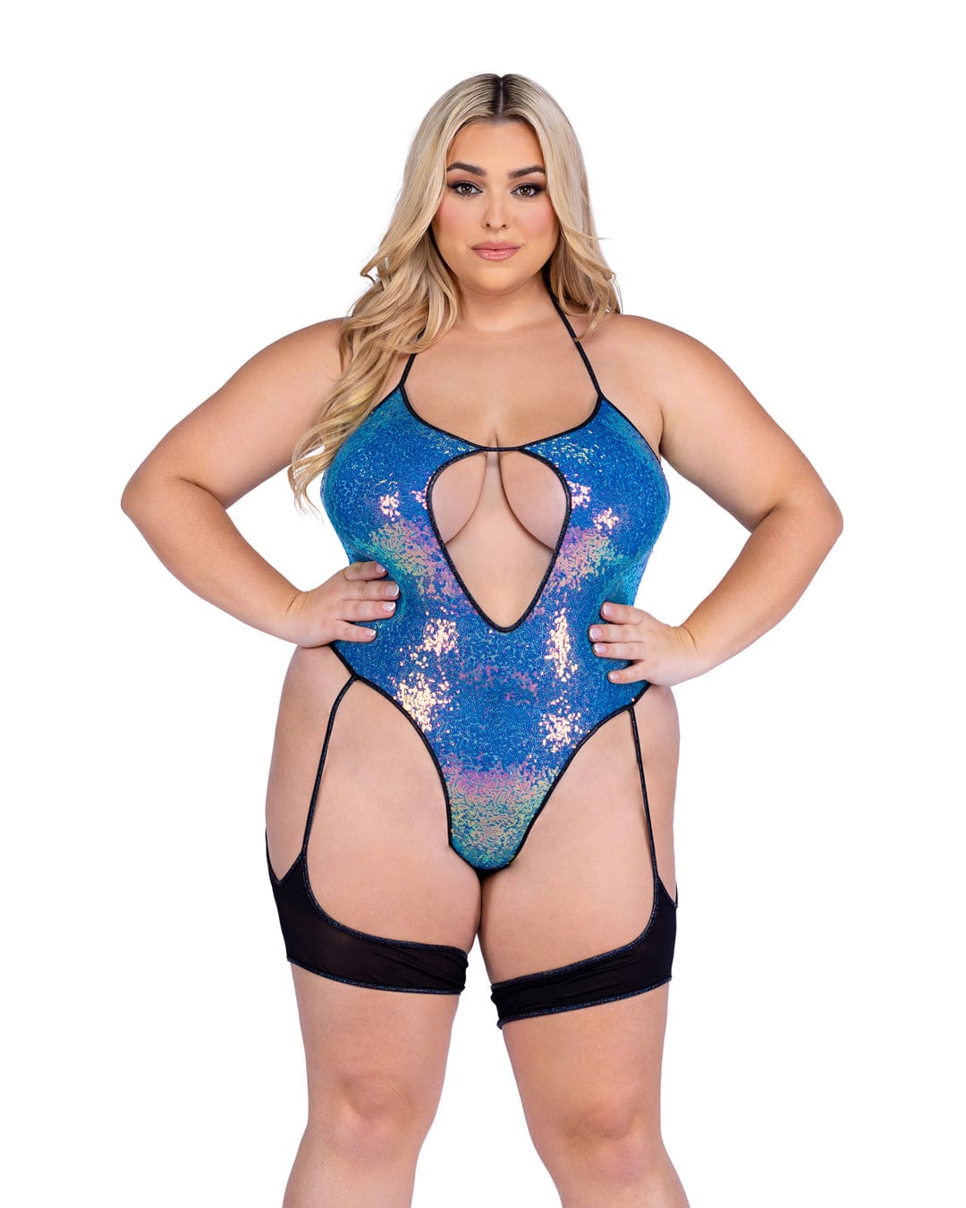 Roma Blue / XL Sexy Blue Sequin Keyhole Romper Rave Wear 2024 Sexy Blue Sequin Cropped Top Festival Rave Wear Apparel &amp; Accessories &gt; Costumes &amp; Accessories &gt; Costumes