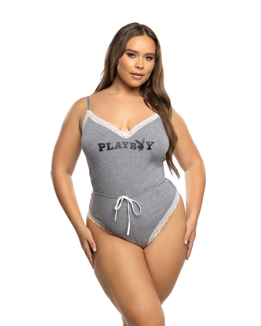 Roma Gray / 1X/2X Black Playboy Bunny Comfy Modal Knit Lace Cheeky Romper Lounge Lingerie (Plus Size Available) PBLI203Q-Gray-1X/2X Black Playboy Bunny Knit Lace Cheeky Romper Lounge Lingerie Apparel & Accessories > Costumes & Accessories > Costumes
