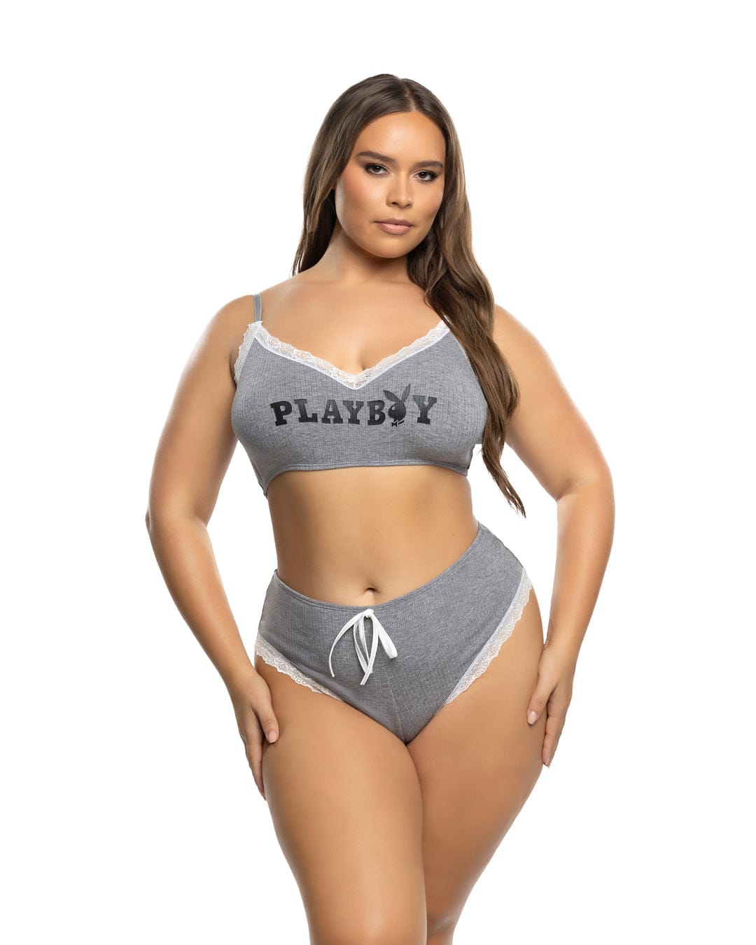Roma Gray / 1X/2X Gray Playboy Bunny Comfy Modal Knit Lace Cami Top & Cheeky Panty Lounge Lingerie (Plus Size Available) PBLI202Q-Gray-1X/2X Gray Playboy Bunny Knit Lace Cami Top & Cheeky Panty Lingerie Apparel & Accessories > Costumes & Accessories > Costumes