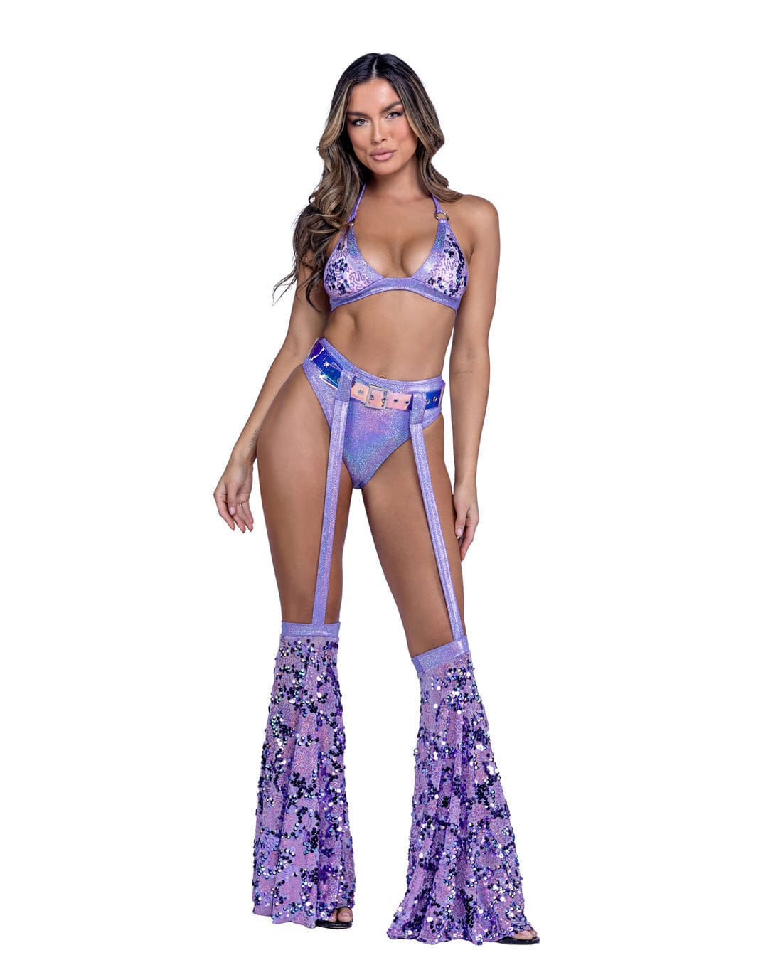 Roma Multi / O/S Sexy Purple Vinyl Belt w/ Attached Sequin Bell Bottoms 2024 Sexy Shimmer Multi-Colored Bikini Top Rave Wear Apparel &amp; Accessories &gt; Costumes &amp; Accessories &gt; Costumes