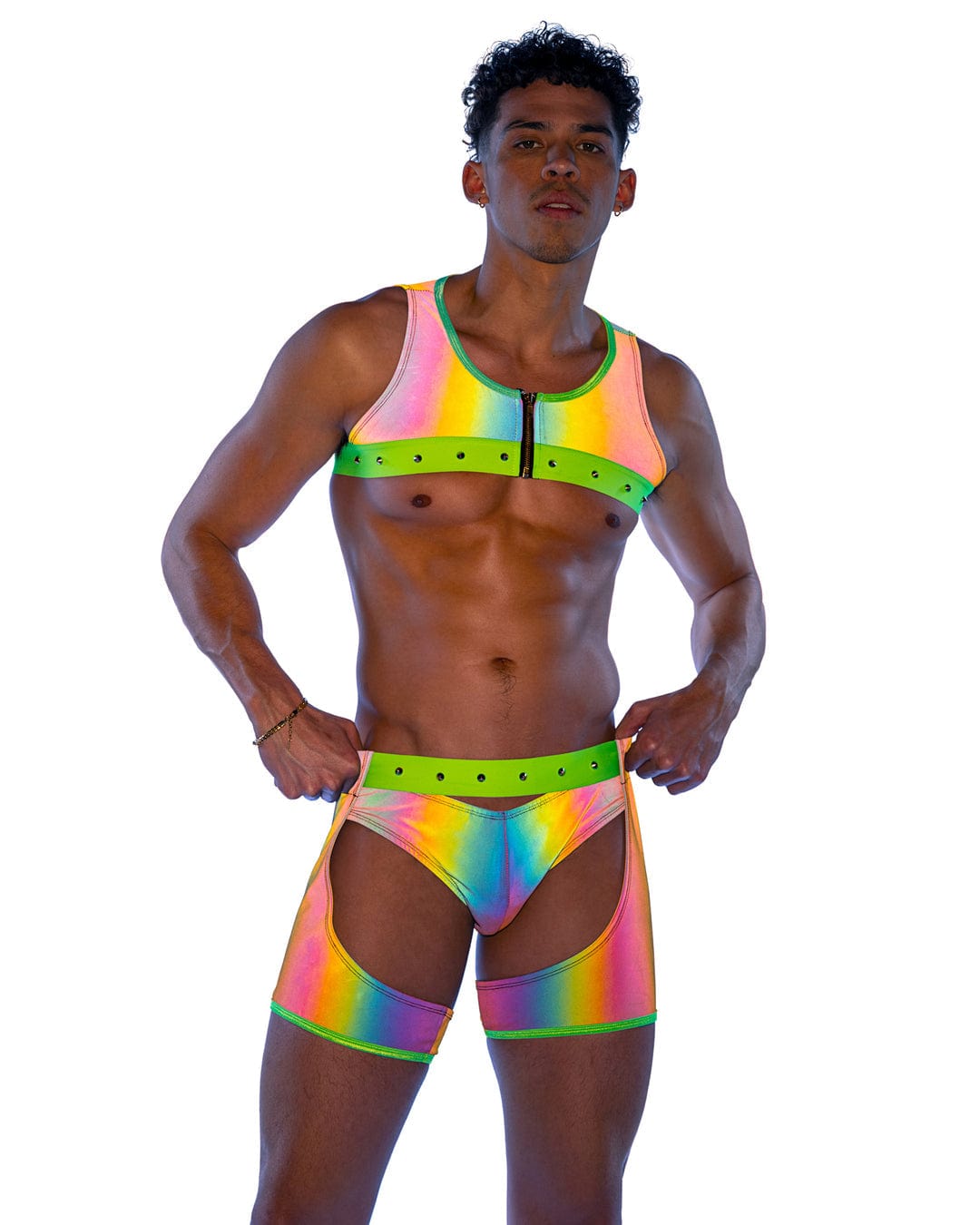 Roma Multi / S Sexy Men&#39;s Rainbow Reflective Briefs Rave Wear 2024 Sexy Men&#39;s Rainbow Reflective Chaps w/ Stud Detail Apparel &amp; Accessories &gt; Costumes &amp; Accessories &gt; Costumes