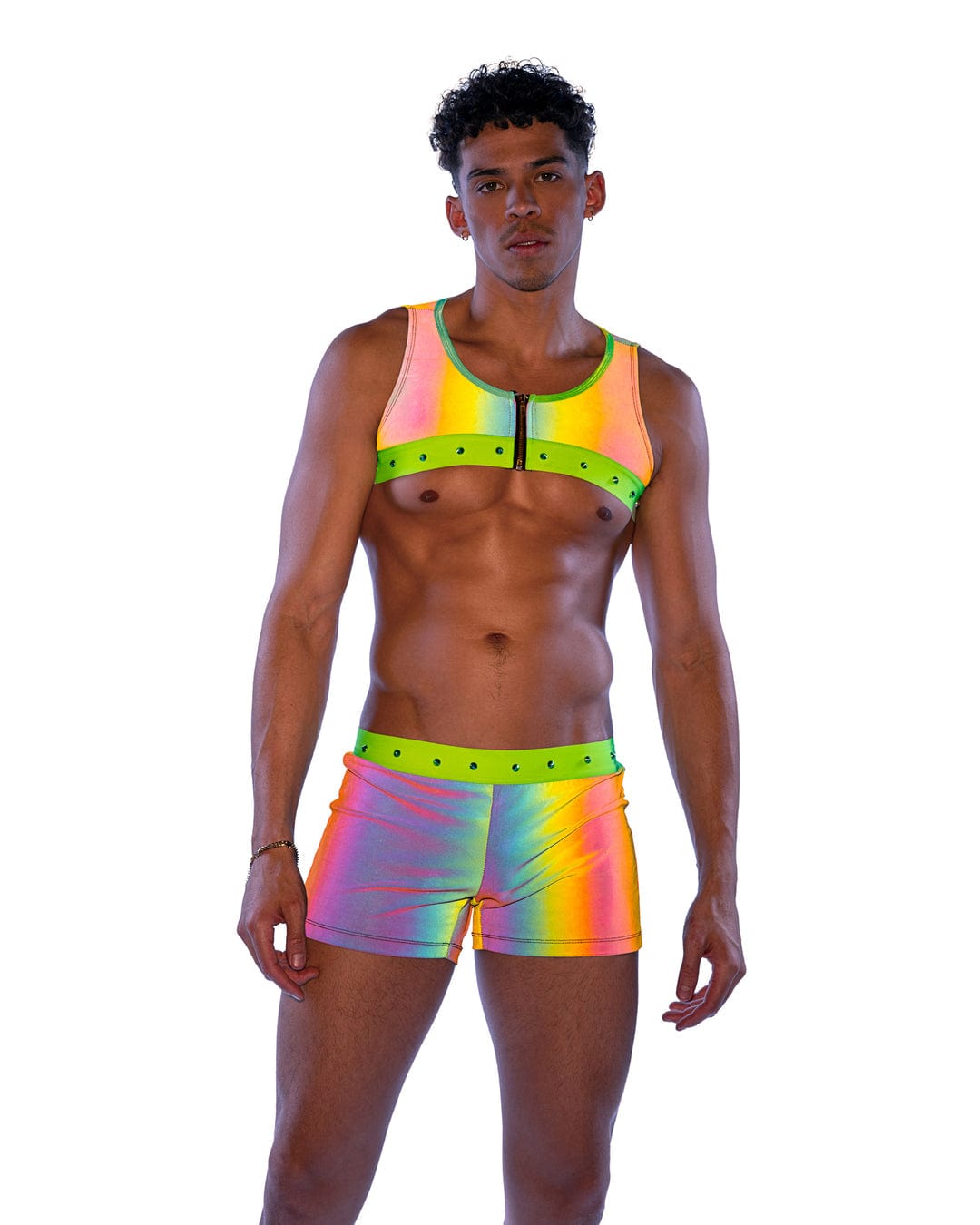 Roma Multi / S Sexy Men&#39;s Rainbow Reflective Shorts w/ Stud Detail 2024 Sexy Men&#39;s Rainbow Reflective Shorts w/ Zipper Pockets Apparel &amp; Accessories &gt; Costumes &amp; Accessories &gt; Costumes