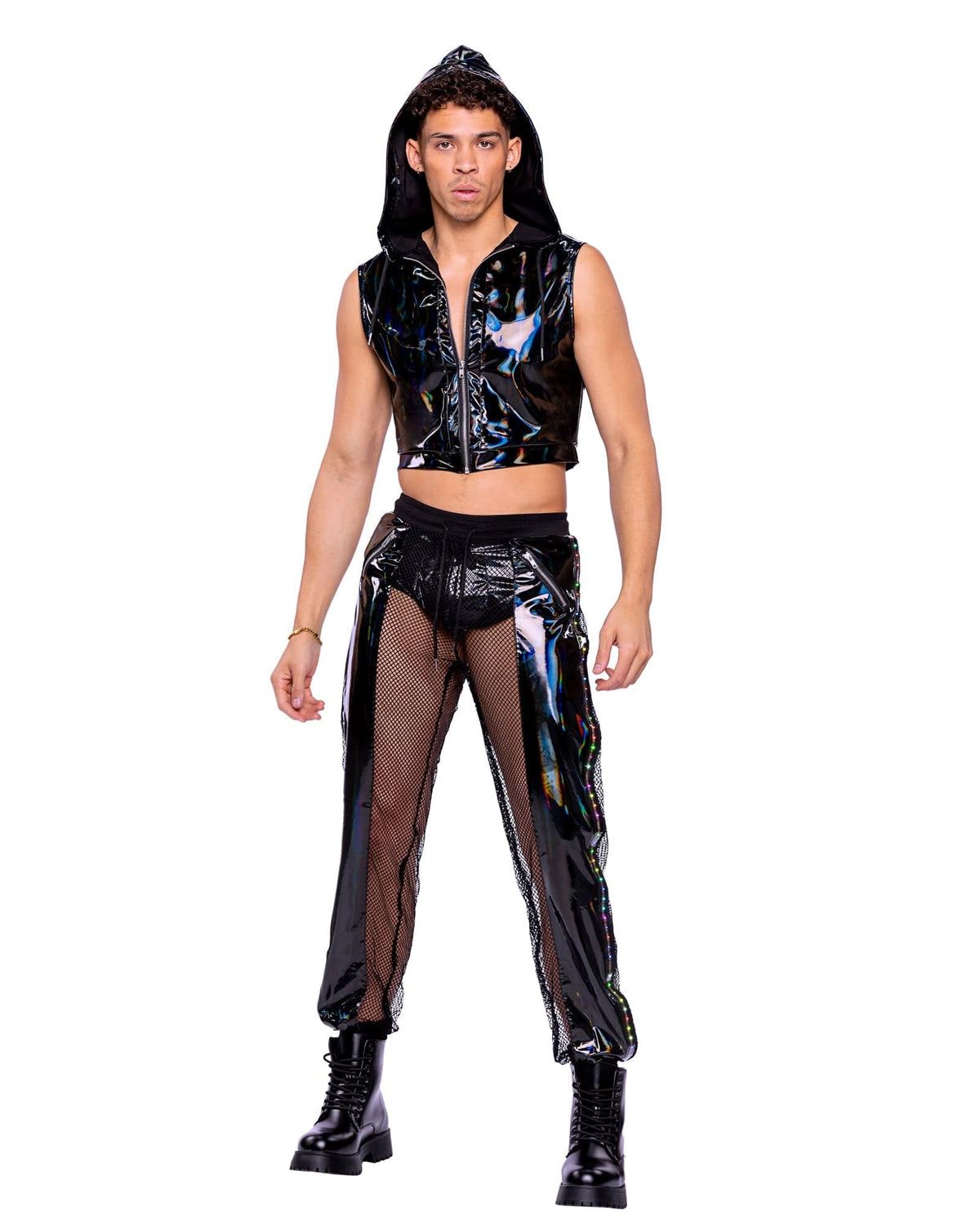 Roma Multi / S Sexy Men&#39;s Vinyl w/ Iridescent Print Cropped Zip-Up Hooded Sleeveless Jacket 2024 Sexy Men&#39;s Pride Vinyl &amp; Fishnet Light-Up Joggers Apparel &amp; Accessories &gt; Costumes &amp; Accessories &gt; Costumes