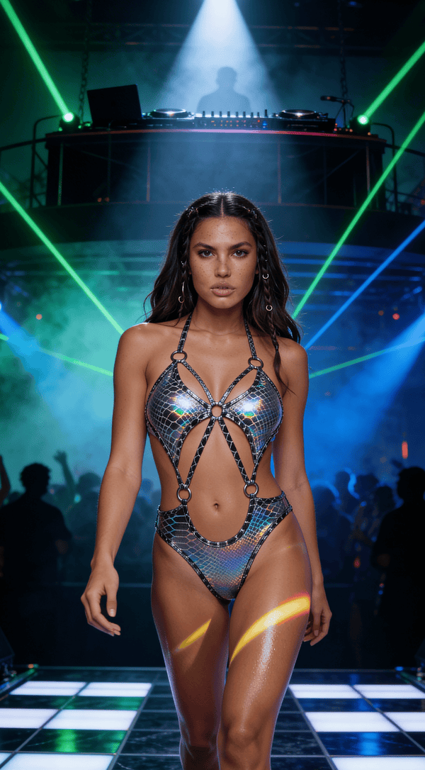 Roma Multicolor / S/M Silver Iridescent Snake  Metallic Diamond Cups Cutout w/ Rings Thong Bodysuit Festival Ravewear 6762-Blk/Slvr-S/M Silver Iridescent Metallic Thong Bodysuit Festival Ravewear Apparel & Accessories > Costumes & Accessories > Costumes