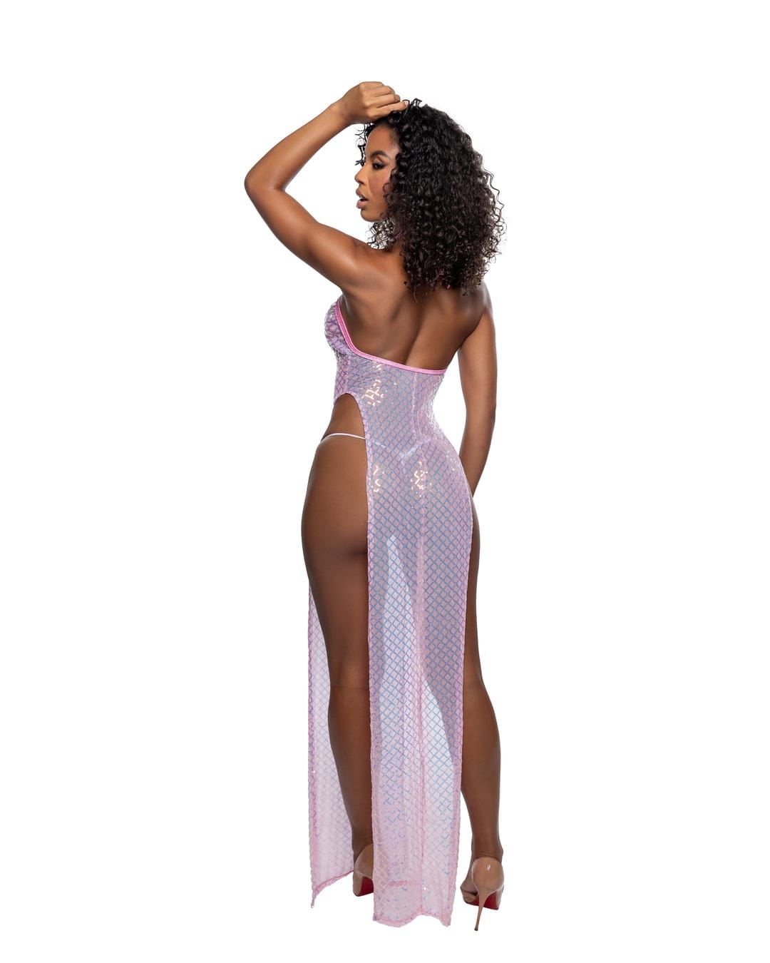 Roma Pink Diamond Sequin Mesh Halter Maxi Dress w/ High Slits Festival Ravewear White Faux Fur Triangle Top & G-String Thong Festival Ravewear Apparel & Accessories > Costumes & Accessories > Costumes