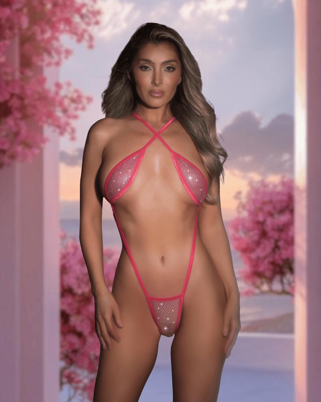 Roma Pink / One Size Sexy Pink Fishnet Rhinestone Sparkle Micro Slingshot G-String Thong Teddy LI897-HP-O/S Pink Fishnet Rhinestone Micro Slingshot G-String Thong Teddy Apparel & Accessories > Costumes & Accessories > Costumes