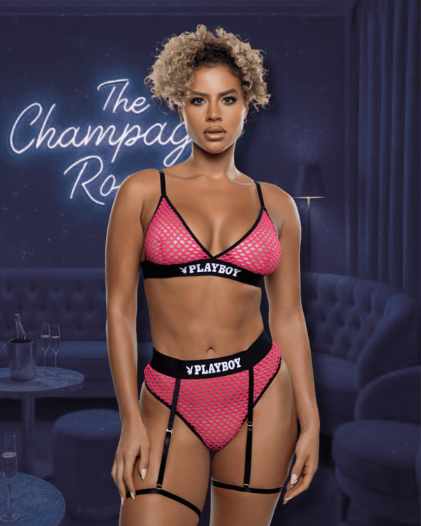 Roma Pink / S/M Black Playboy Bunny Erotic Fishnet Bralette & High Waisted Thong Bottom Lingerie PBLI193-HP-S/M Black Playboy Bunny Fishnet Bralette & Thong Bottom Lingerie Apparel & Accessories > Costumes & Accessories > Costumes