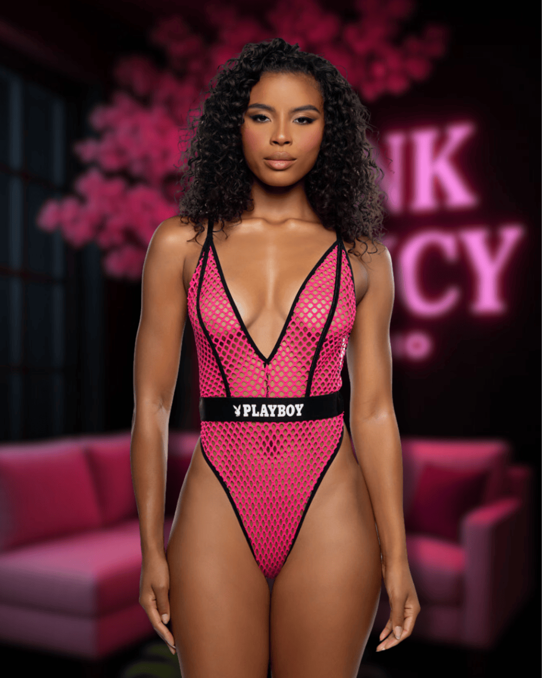 Roma Pink / S/M Black Playboy Bunny Erotic Fishnet Deep Plunge High Cut Leg Thong Teddy PBLI192-HP-S/M Black Playboy Bunny Fishnet Plunge High Cut Leg Thong Teddy Apparel & Accessories > Costumes & Accessories > Costumes