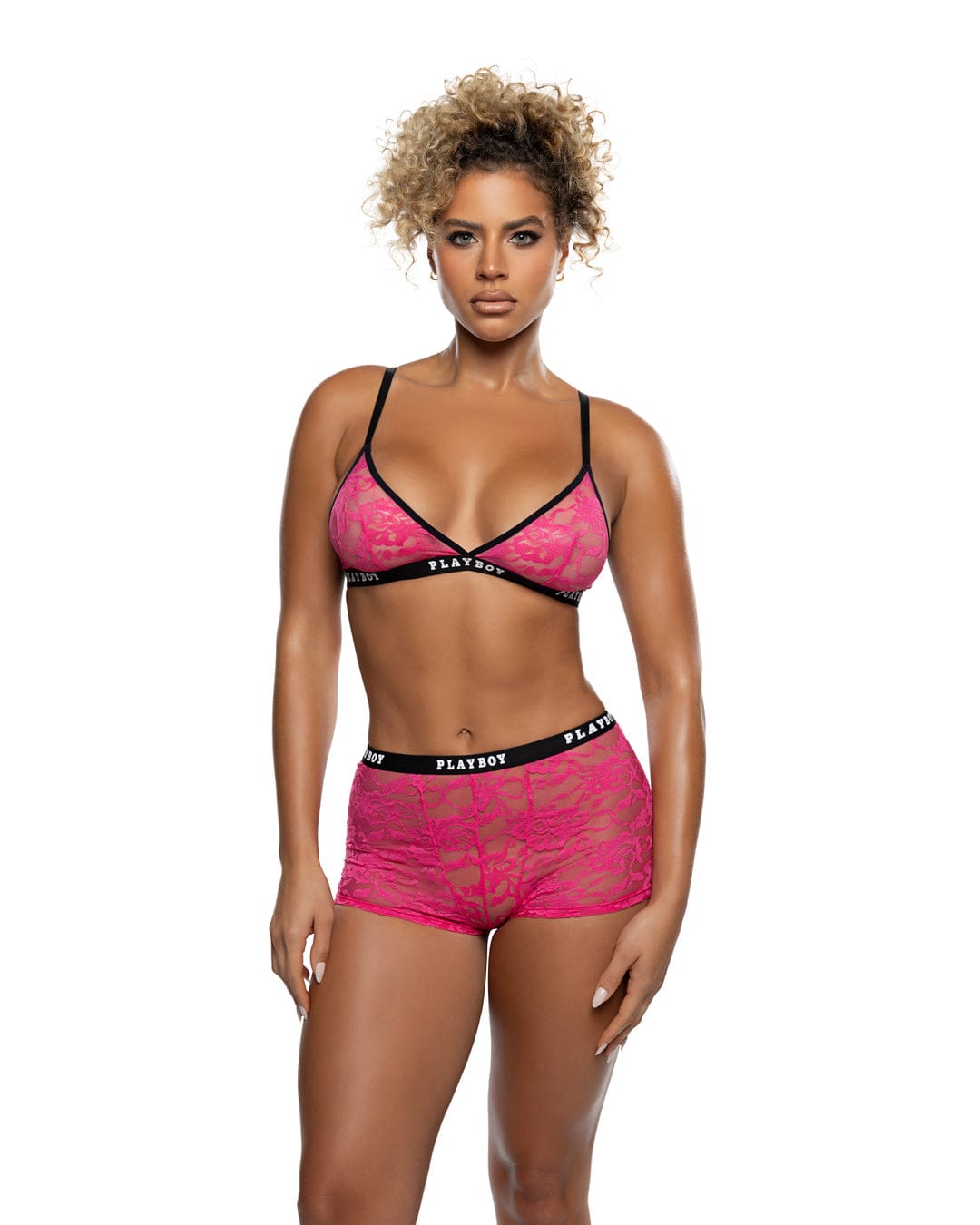 Roma Pink / S/M Pink Playboy Flirty Sheer Lace Triangle Top & High Waisted Panty Short Lounge Lingerie (Plus Size Available) PBLI212-HP/BLK-S/M Pink Playboy Sheer Lace Triangle Top & Panty Lounge Lingerie Apparel & Accessories > Costumes & Accessories > Costumes