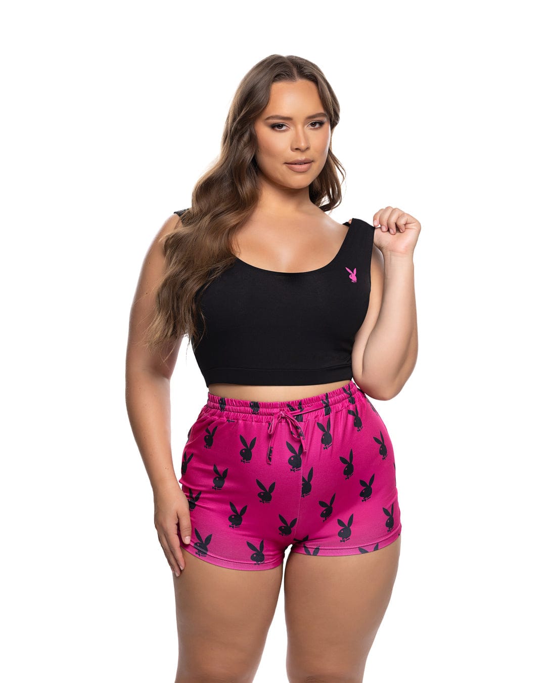 Roma Print / 1/2X Black Playboy Bunny Slumber Knit Crop Tank Top & Pink High Waisted Short Loungewear (Plus Size Available) PBLI179Q-PINK/BLK-1X/2X Black Playboy Bunny Knit Tank Top Pink Short Lounge Lingerie Apparel & Accessories > Costumes & Accessories > Costumes