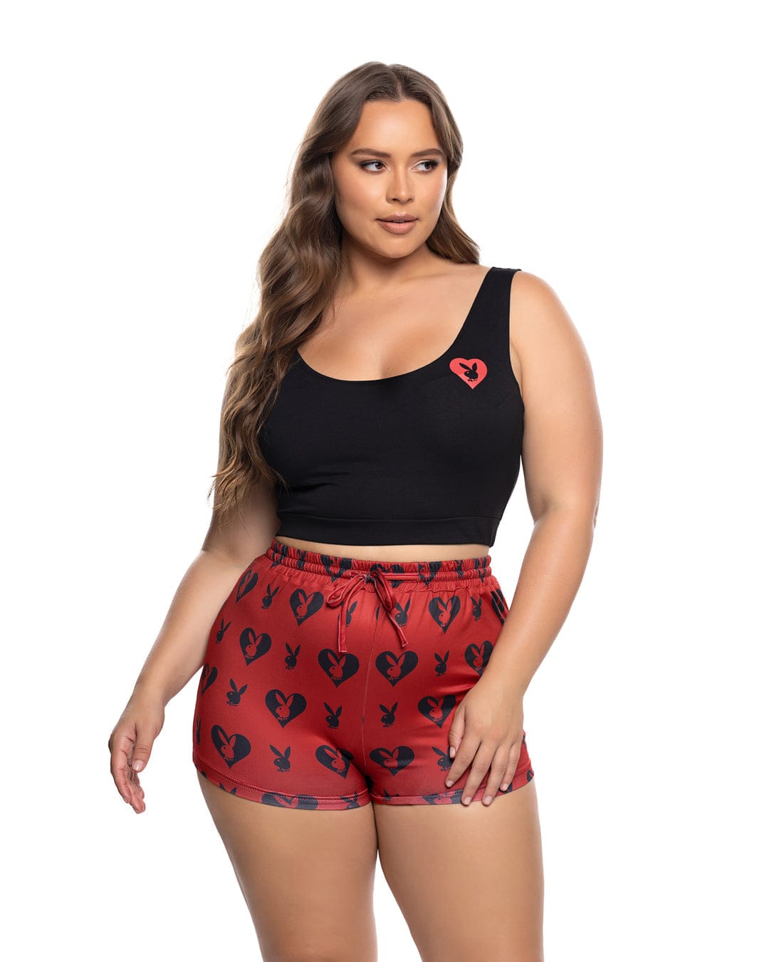 Roma Print / 1/2X Black Playboy Bunny Sweetheart Knit Crop Tank Top & Red High Waisted Short Loungewear (Plus Size Available) PBLI180Q-RED/BLK-1X/2X Black Playboy Bunny Knit Tank Top Red Short Lounge Lingerie Apparel & Accessories > Costumes & Accessories > Costumes