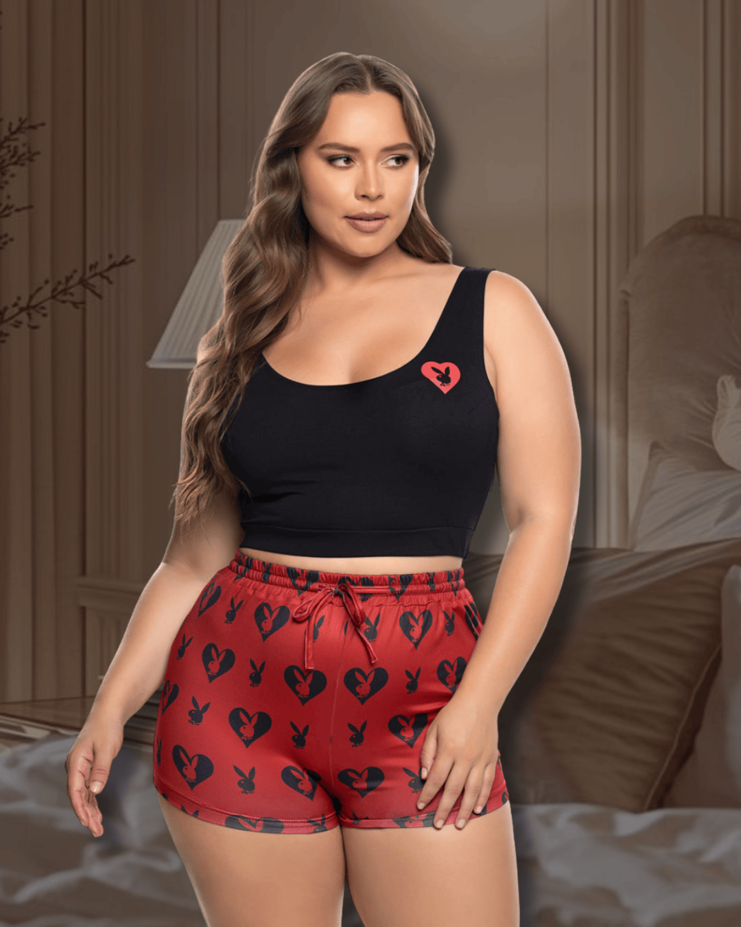 Roma Print / 1/2X Black Playboy Bunny Sweetheart Knit Crop Tank Top & Red High Waisted Short Loungewear (Plus Size Available) PBLI180Q-RED/BLK-1X/2X Black Playboy Bunny Knit Tank Top Red Short Lounge Lingerie Apparel & Accessories > Costumes & Accessories > Costumes
