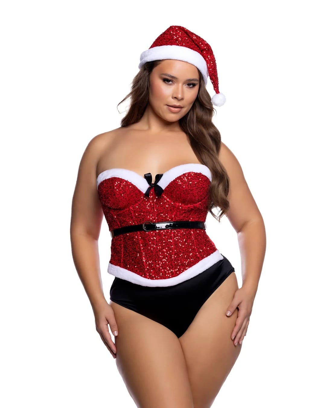 Roma Red / 1X Red Santa Baby Sequin Mesh Corset Bustier Top w/ Belt & Hat Holiday Costume (Plus Size Available) LI1164Q-RED-1X Santa Baby Sequin Mesh Corset Bustier & Hat Holiday Costume Apparel & Accessories > Costumes & Accessories > Costumes