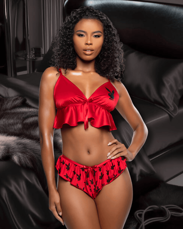 Roma Red / S/M Black Playboy Bunny Flutter Satin Peplum Bralette & Flare Thong Panty Short Lounge Lingerie PBLI195-RED/BLK-S/M Black Playboy Bunny Satin Peplum Bralette Thong Panty Lingerie Apparel & Accessories > Costumes & Accessories > Costumes