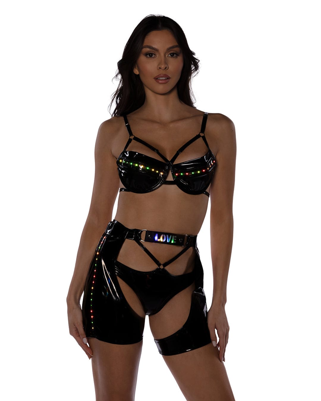Roma Sexy Black Pride Light Up Vinyl Chaps 2024 Sexy Men&#39;s Black Pride Faux Leather Studded Harness Apparel &amp; Accessories &gt; Costumes &amp; Accessories &gt; Costumes