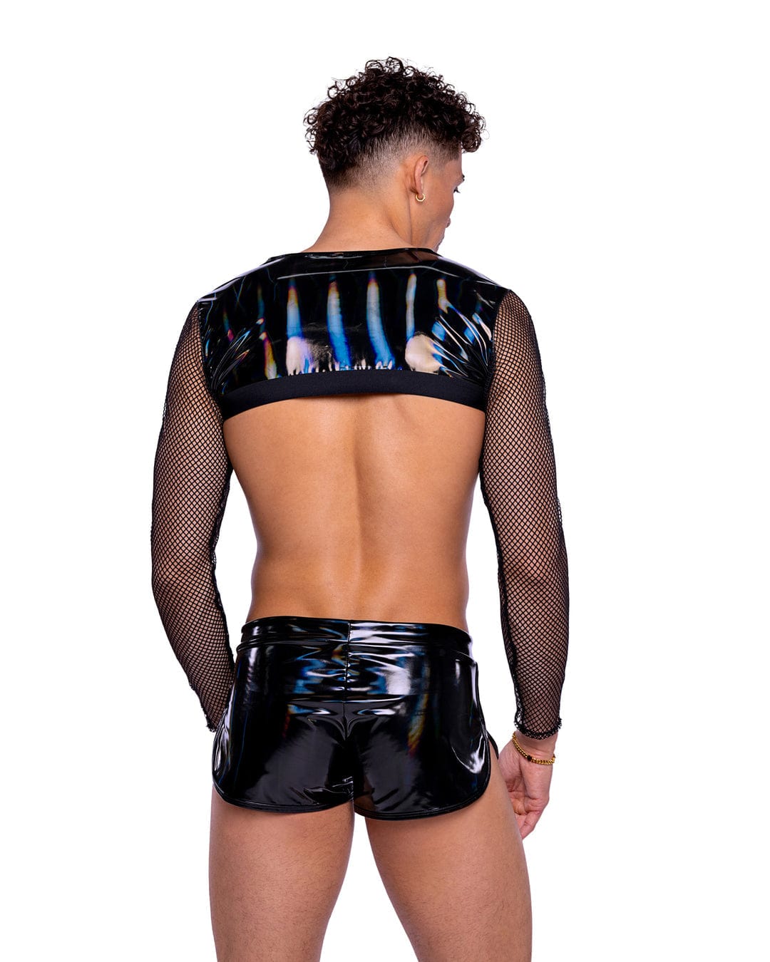 Roma Sexy Men's Black Vinyl Iridescent Print Runner Shorts 2024 Sexy Men's Shimmer Camouflauge Tank Top Rave Wear Apparel & Accessories > Costumes & Accessories > Costumes