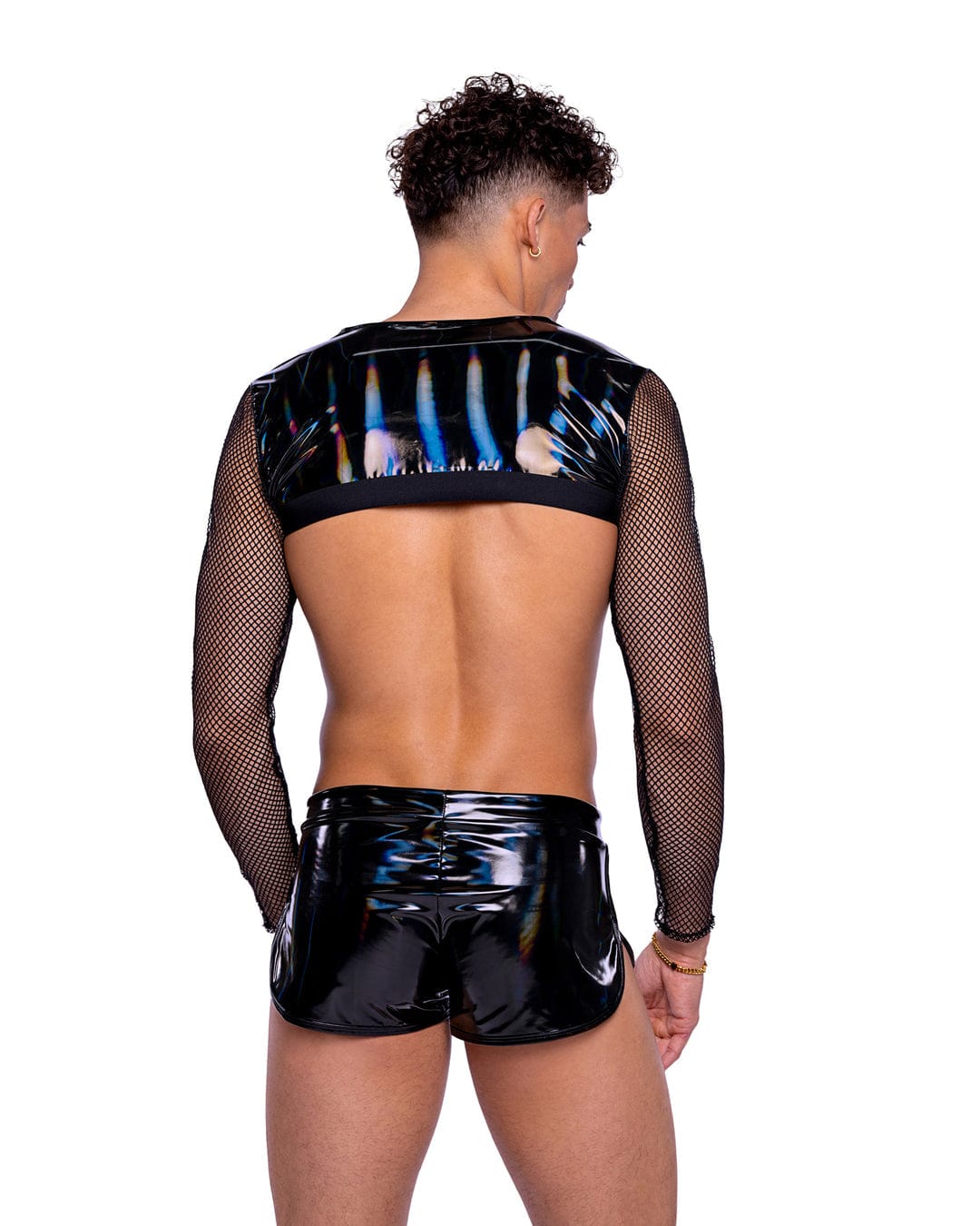 Roma Sexy Men's Black w/ Vinyl Iridescent Print Long Sleeved Fishnet Top 2024 Sexy Men's Black Vinyl Iridescent Print Runner Shorts Apparel & Accessories > Costumes & Accessories > Costumes
