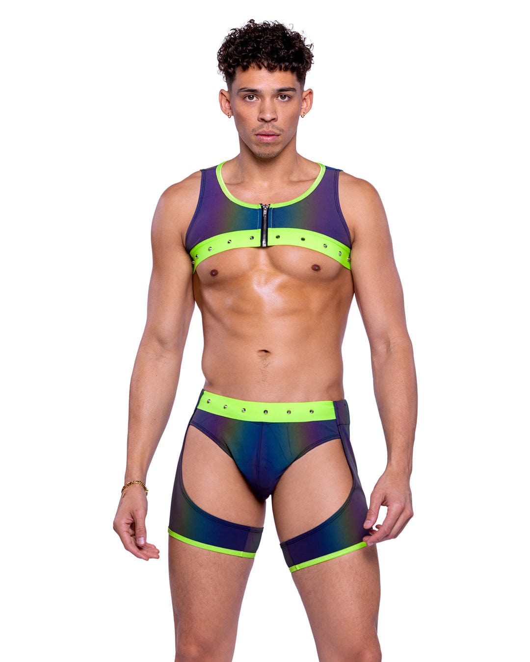Roma Multi / S Sexy Men's Rainbow Reflective Briefs Rave Wear 2024 Sexy Men's Rainbow Reflective Chaps w/ Stud Detail Apparel & Accessories > Costumes & Accessories > Costumes